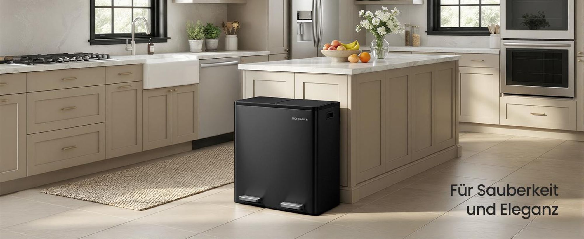 Abfalleimer 2 Fächer, Mülleimer 2 x 30 L, Tretmülleimer Softclose-Deckel, Küche, herausnehmbare Inneneimer, schwarz