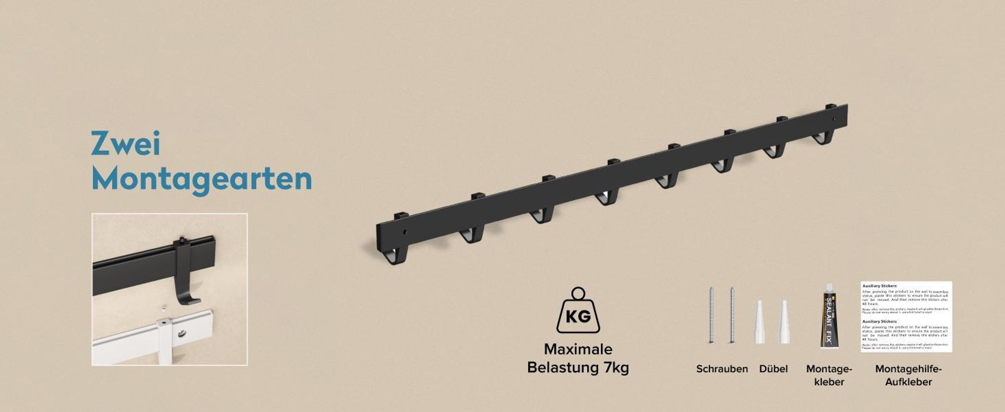 doporro Garderobenhaken Aluminium, 6 Verschiebbare Wandhaken, selbstklebend & stabil, Kleiderhaken Wand für Jacken und Handtücher Matt Schwarz Stalo-12