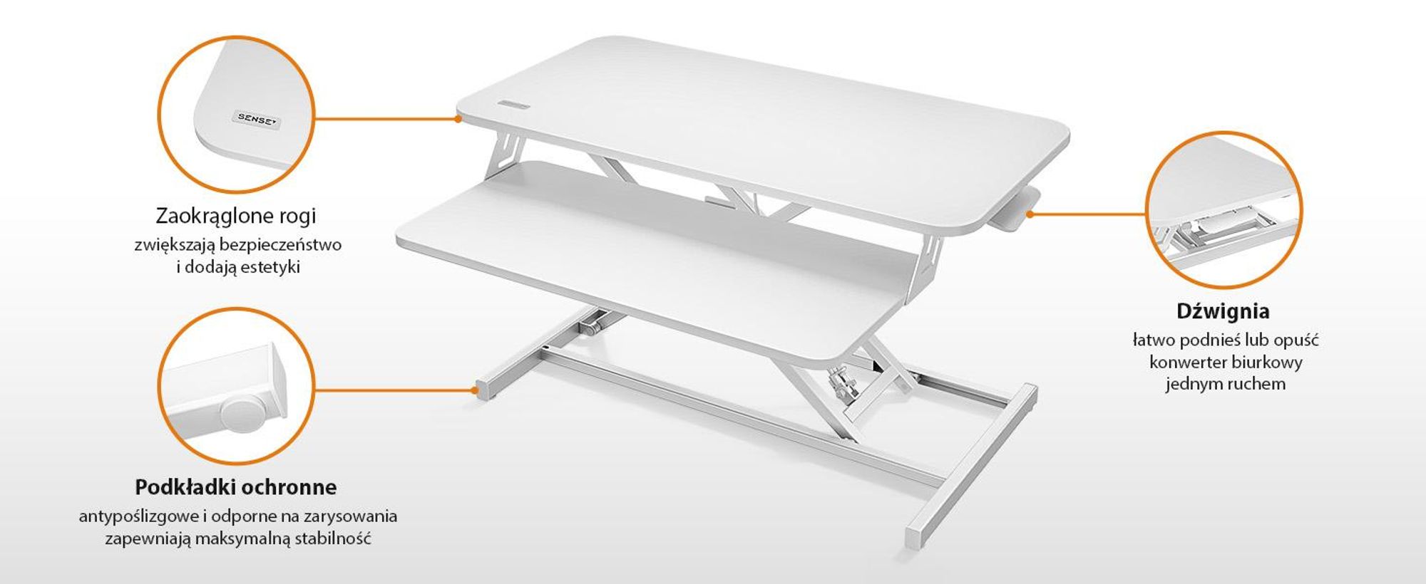 SENSE7 Konwerter biurkowy, biały, ergonomiczna nakładka na biurko, regulowana wysokość, stanowisko pracy w pozycji siedzącej lub stojącej, 81 x 40 cm, biurko do pracy na stojąco, stojak na monitor do 13 kg