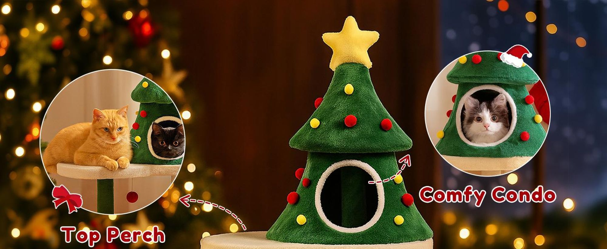 COMHOMA tiragraffi con design ad albero di Natale 123 cm, stabile torre per gatti ad albero con tiragraffi, casa per gatti a più piani con piattaforme e palla da gioco