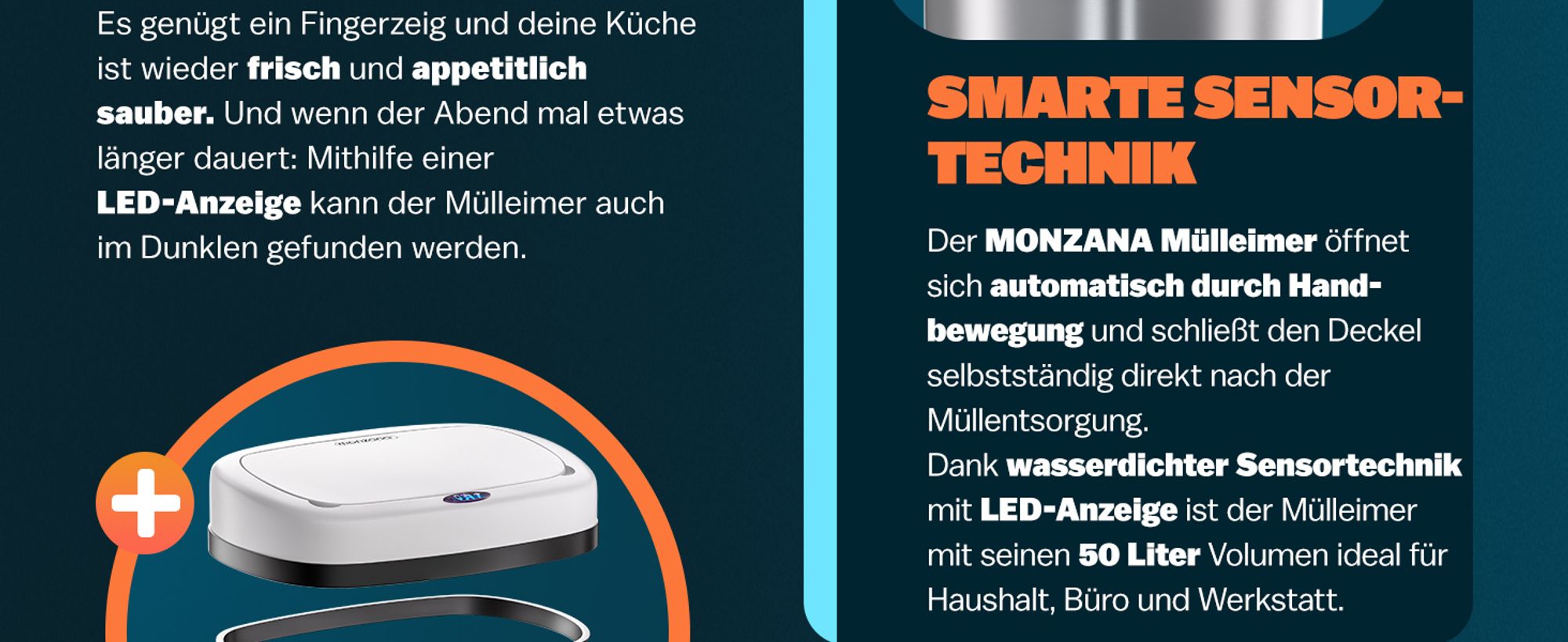 MONZANA® Mülleimer mit Sensor Küche 50L Edelstahl Automatik Deckel Klemmring inkl. USB-Kabel Abfalleimer Groß Papierkorb LED Anzeige, Farbe:schwarz