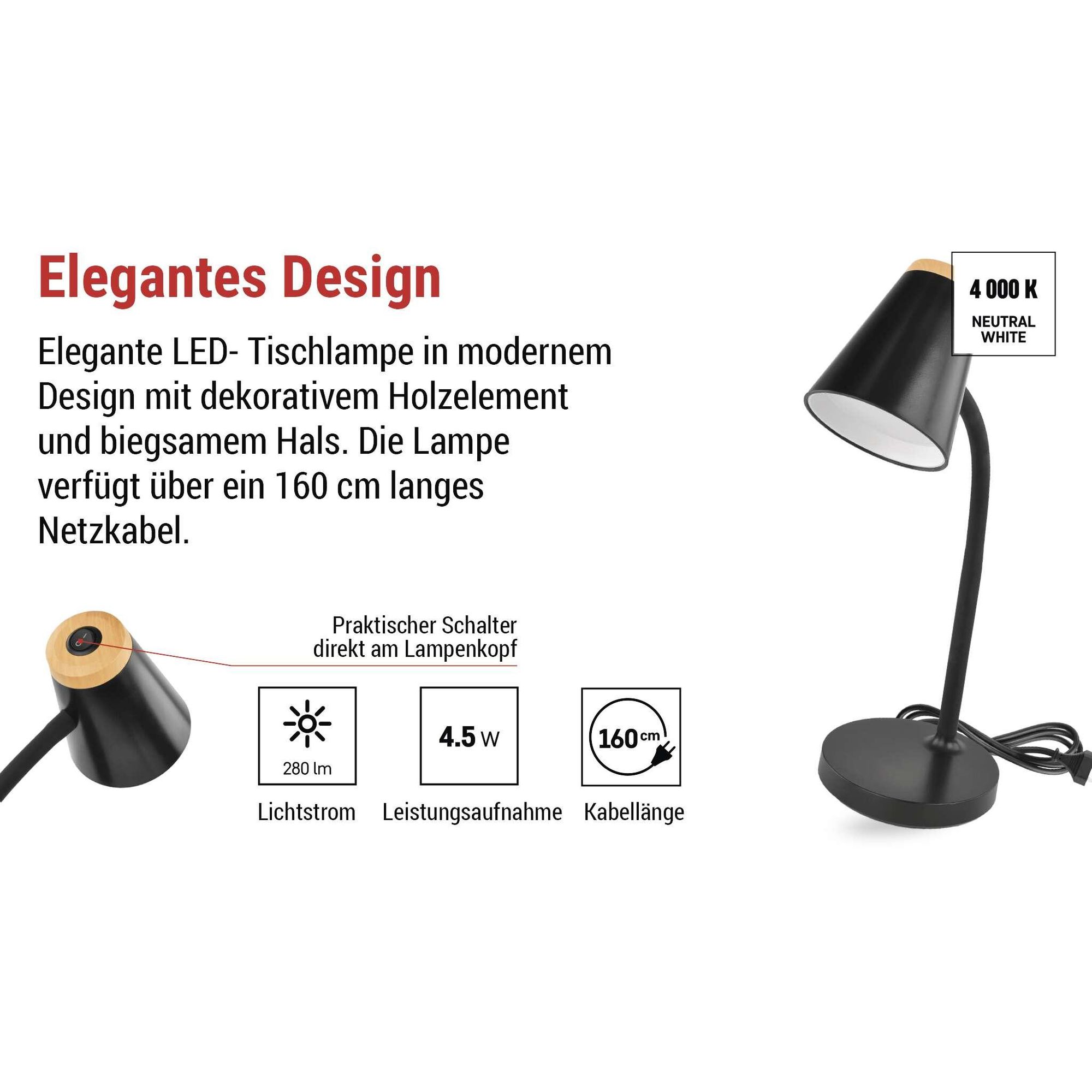 EMOS LED Tischlampe TARA 4,5 W, 280lm, Neutralweiß 4000K, flexibel mit Netzkabel 1,6m, Euro-Stecker, CRI Ra>85, Leuchtdauer 30000 h, Schwarz, Z7641B