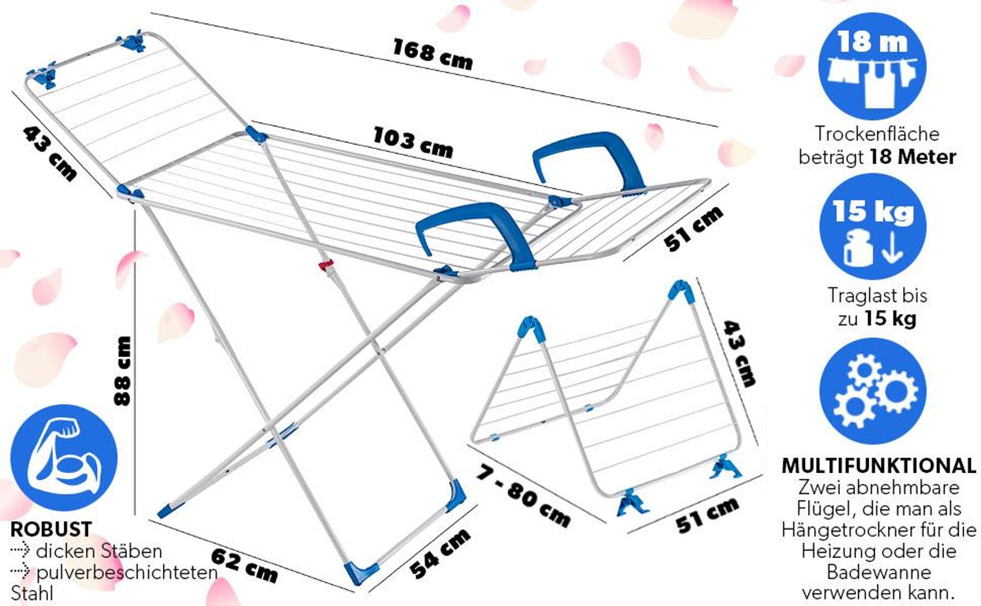 KADAX Wäscheständer ”Sava”, Wäscheständer 3in1, 168 cm, Blau
