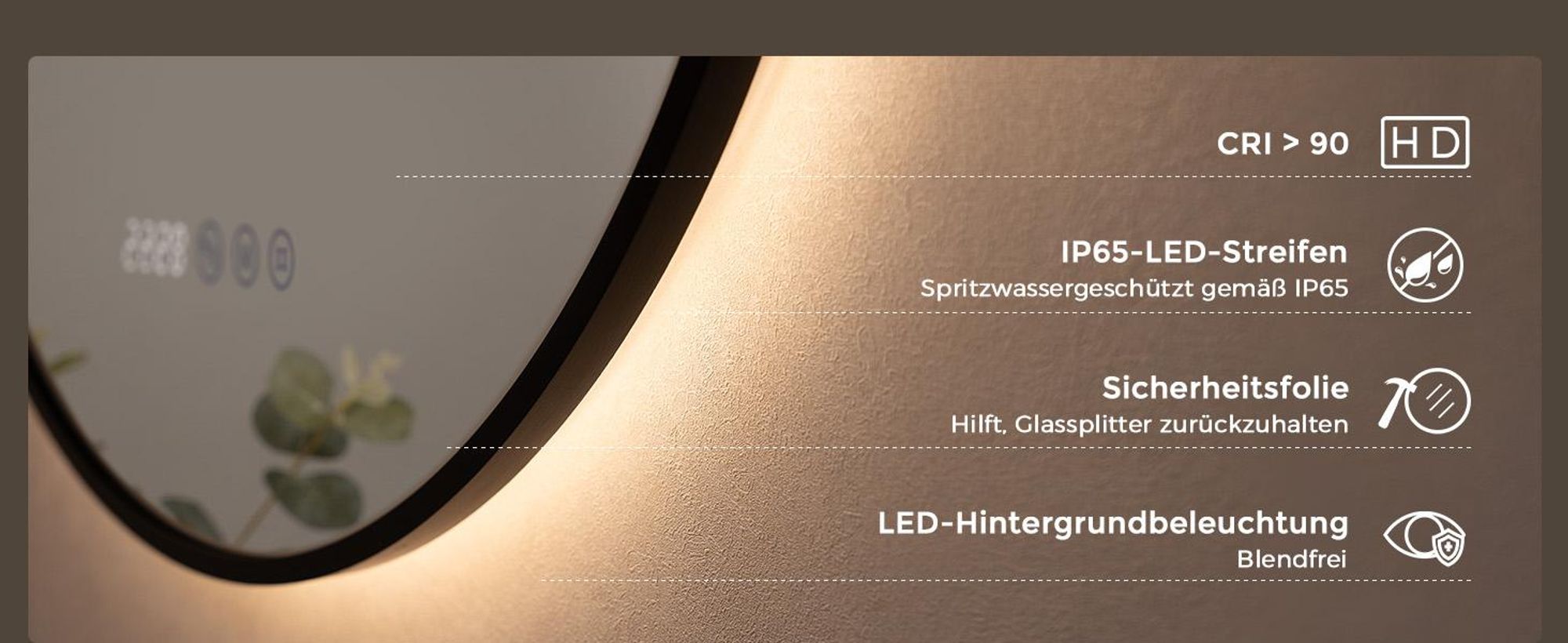 S'AFIELINA LED Badezimmerspiegel Rund Ø80 cm, Schwarzer Rahmen, 3 Lichtfarben, stufenlos dimmbar, Antibeschlag, Uhr & Temperaturanzeige, Memory