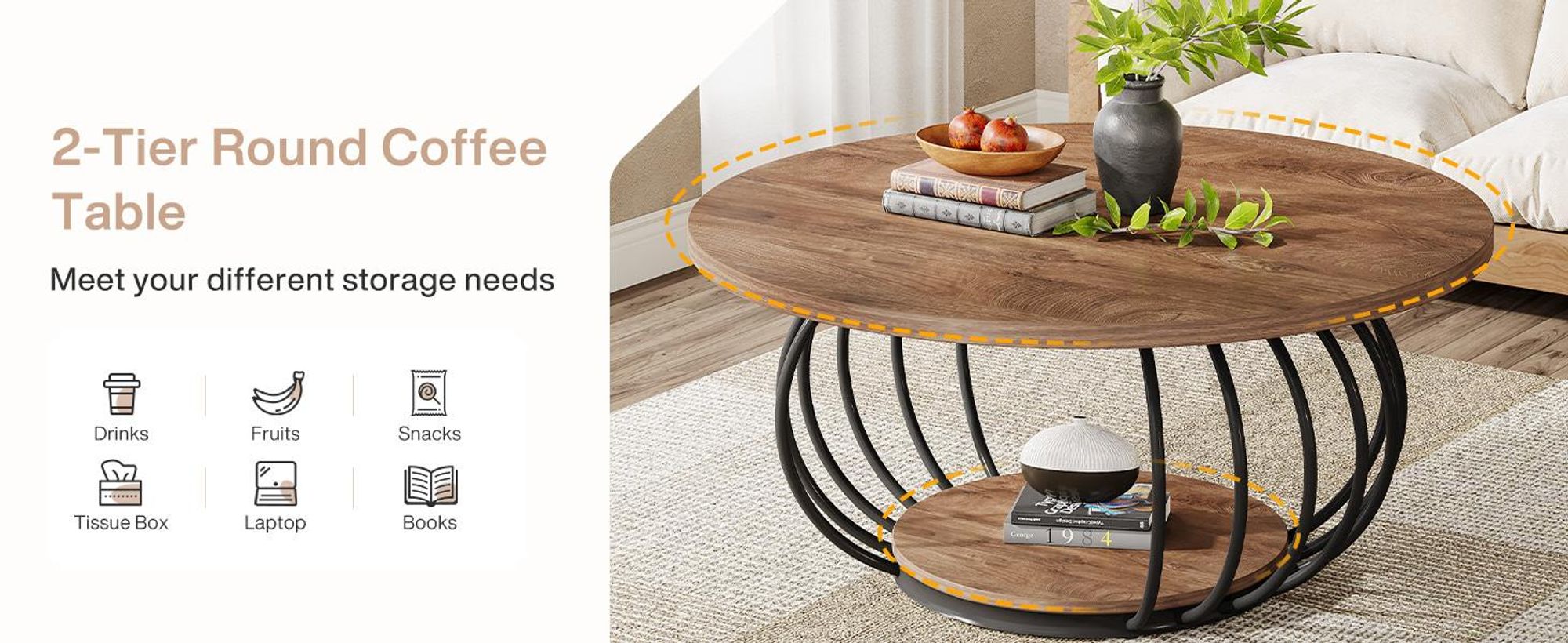 Tribesigns Runder Couchtisch, 100 cm industrieller Couchtisch aus Holz mit zwei Ebenen, mit Ablagefläche und Metallrahmen, rustikales Braun Schwarz