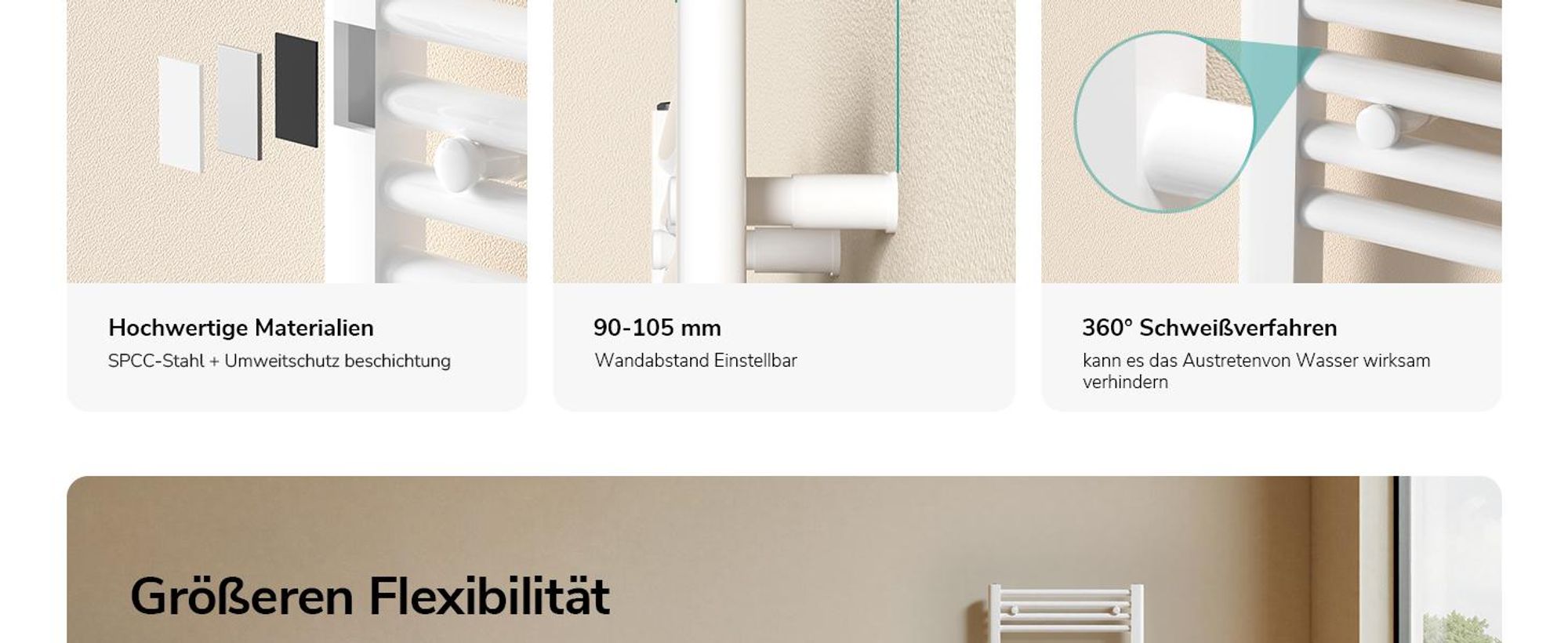 EMKE Badheizkörper Handtuchtrockner Heizkörper 40x100cm 356 Watt Leistung Weiß Bad-Heizkörper Mittelanschluss Heizung ohne Heizstab