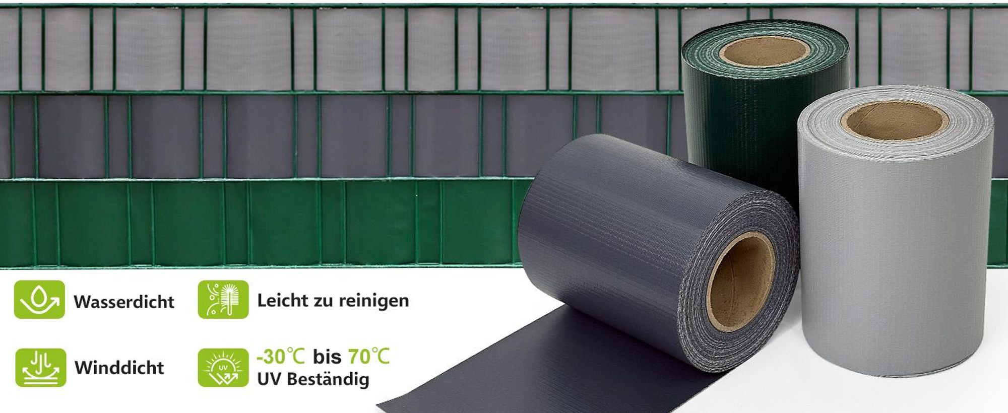 Ribelli Sichtschutzstreifen Garten Sichtschutz Zaun，Dunkelgrau/Hellgrau/Grün，PVC ca. 35 Meter x 19 cm inkl. 30 Clips, 420g/㎡