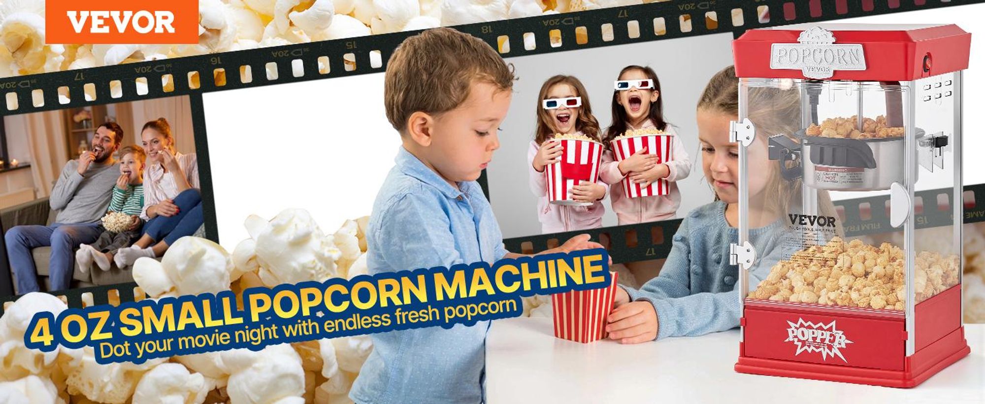VEVOR Popcornmaschine, 850W Popcorn Popper, 8 Oz Kessel macht 48 Tassen pro Charge, Tisch-Popcornmaschine mit gehärtetem Glas, inklusive 4 Schaufeln, im Kino-Stil, Rot, Rot-b, 4oz-a