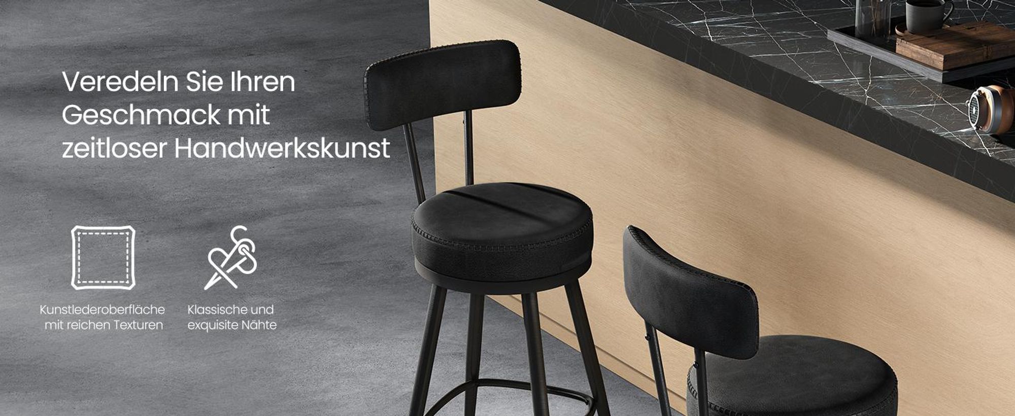 VASAGLE EKHO Kollektion - 360° drehbarer Barhocker, 2er Set, Hocker mit Rückenlehne für Kücheninsel