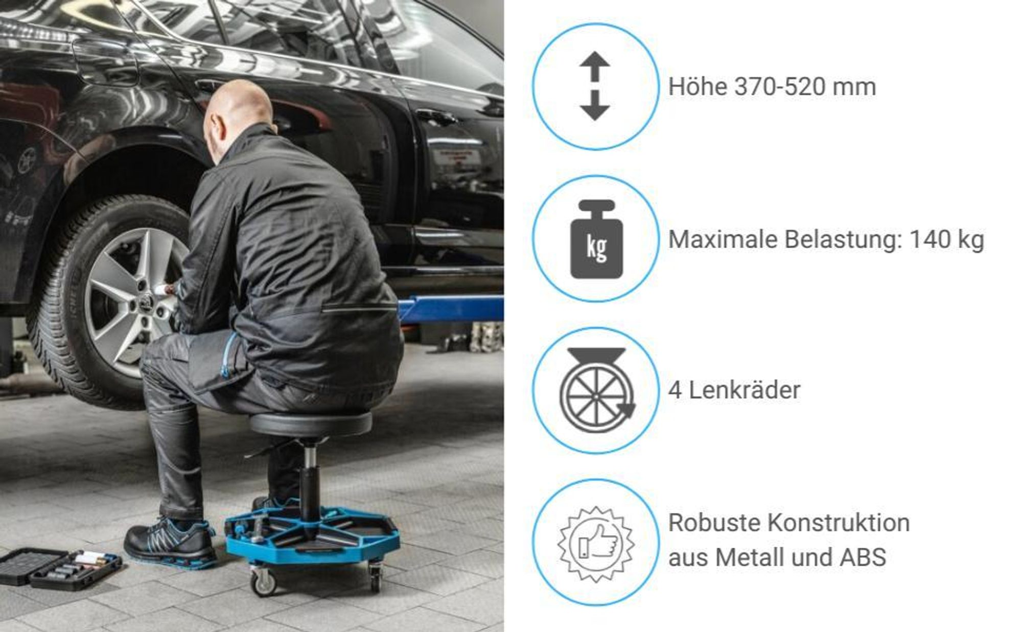 Högert Technik - Werkstatthocker mit Rollen, höhenverstellbar, bis 140 kg, Rollhocker für die Werkstatt
