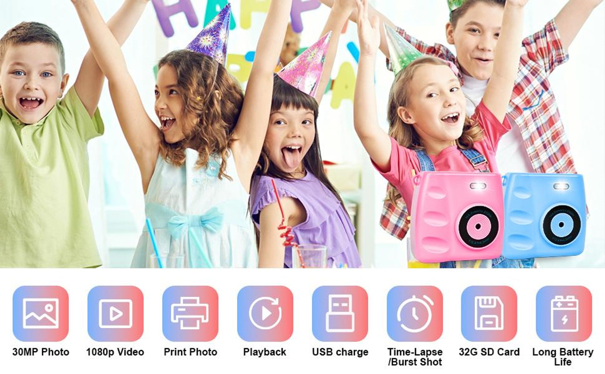 Kinderkamera, Sofortbildkamera, DigitalKamera, 1080P 2,4 Zoll Bildschirm, mit 3 Rollen Druckpapier&32GB Karte, Geschenk für Kinder