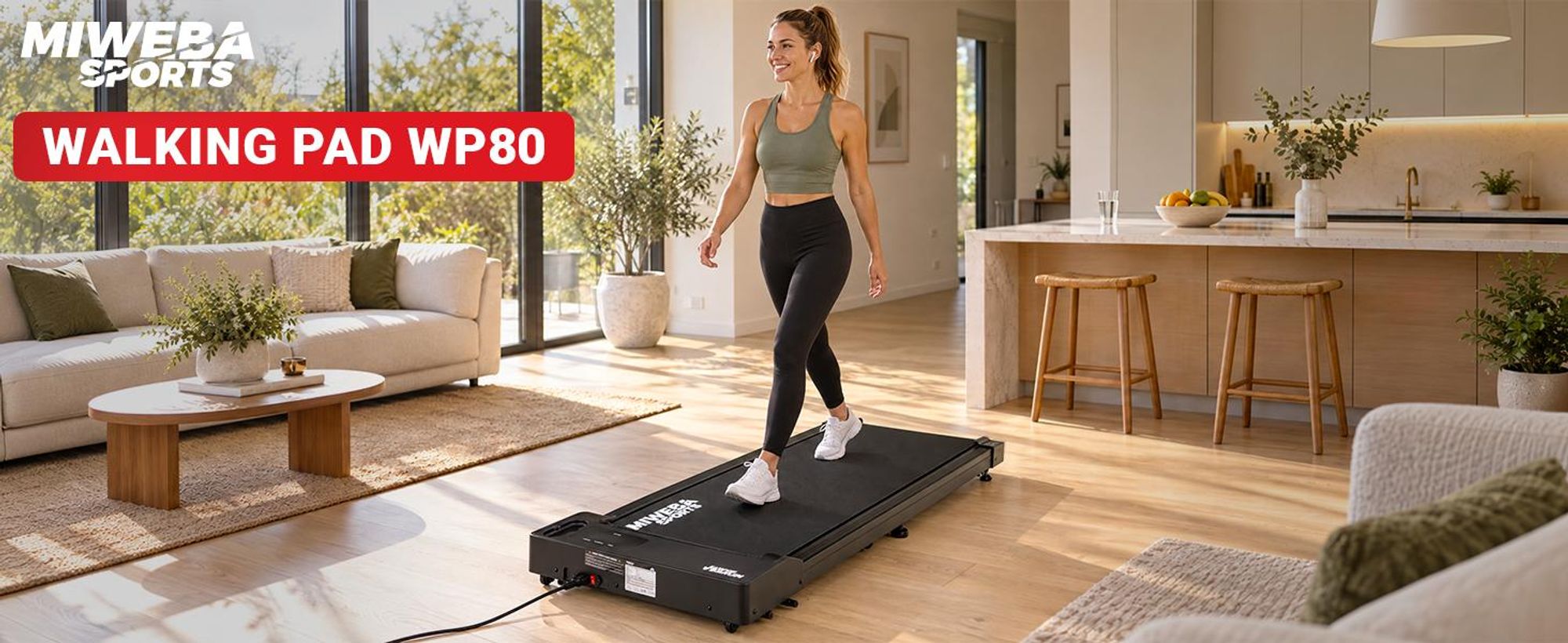 Miweba Sports Walking Pad WP80 | Laufband für Zuhause - Schreibtischlaufband 1-6 km/h - mit Fernbedienung - LED Display - 9 % Steigung - bis 100 kg