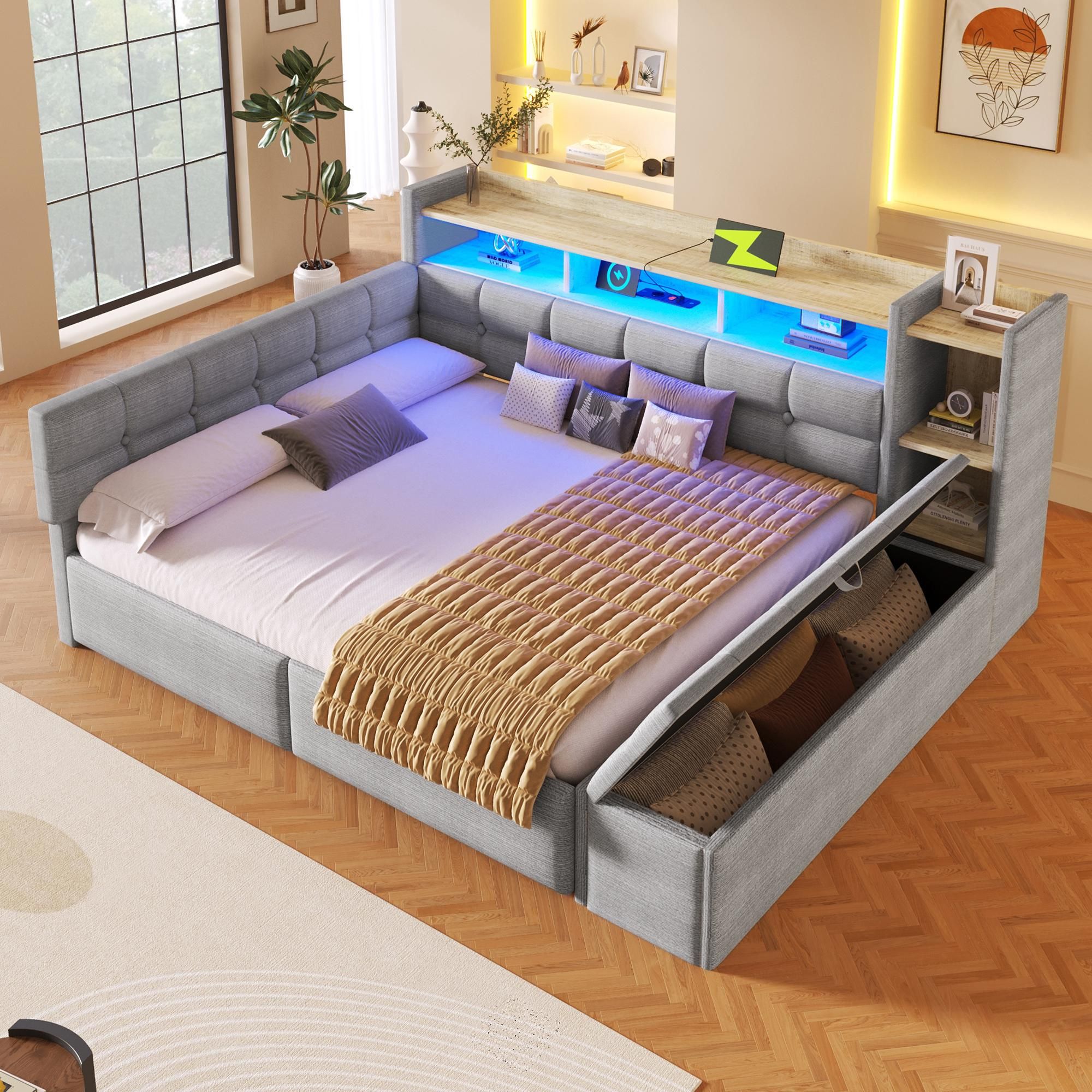 Flieks Schlafsofa Tagesbett 140x190cm mit Hydraulischem Betthocker, Polsterbett Doppelbett mit Ladefunktion & Led, Jugendbett Samt mit Ablagen, Hell