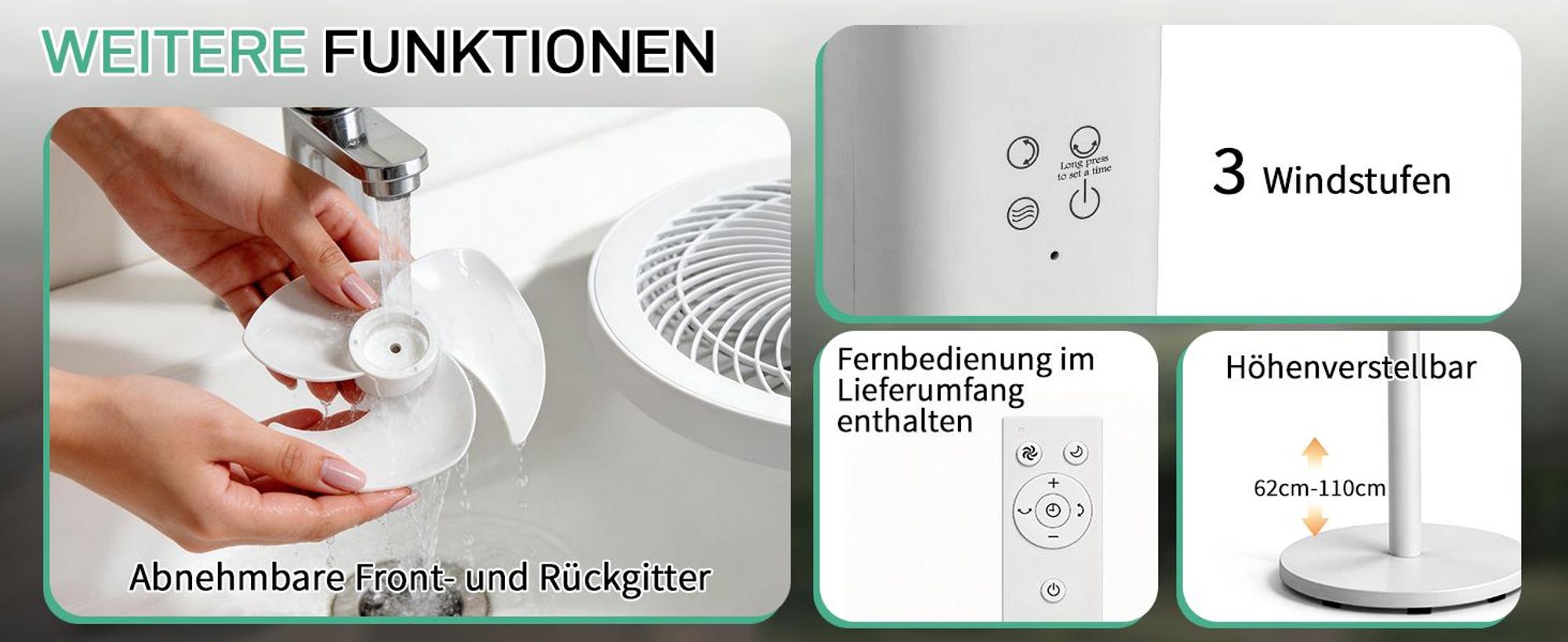 Luftzirkulationsventilator (40 W) — 3-in-1-Design | 8 Windstufen | 3 Modi | Touch- & Fernbedienung