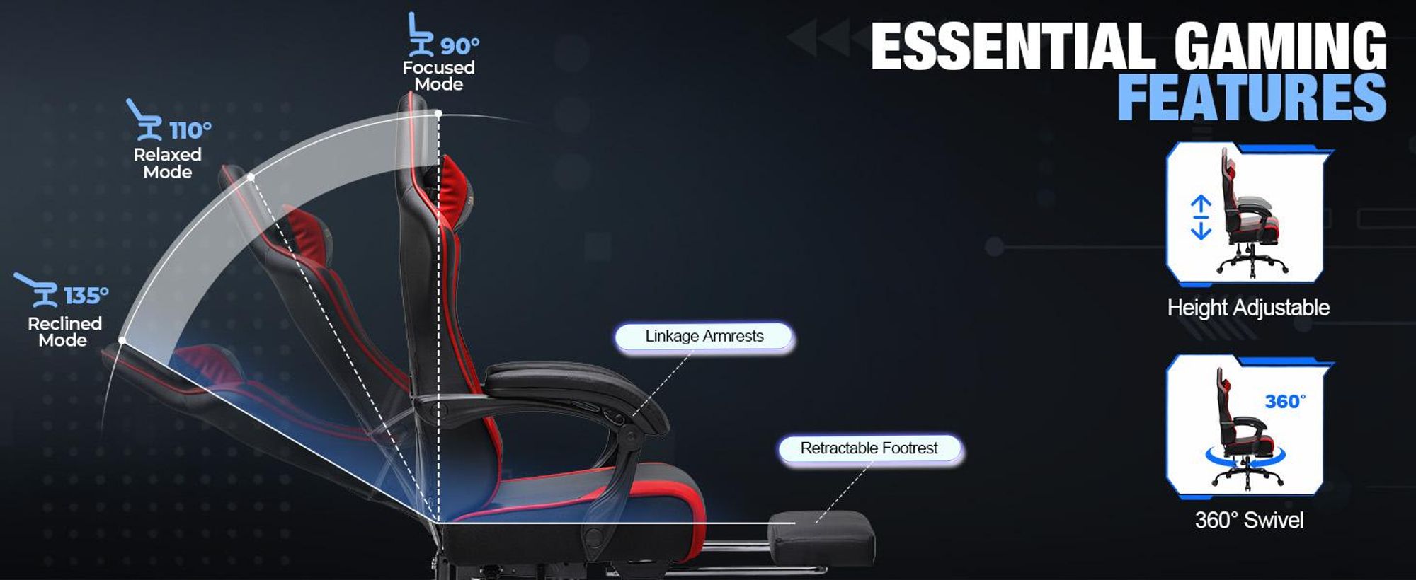 Fotel gamingowy GTPLAYER – ergonomiczny fotel dla graczy z podnóżkiem, zagłówkiem i podparciem lędźwiowym, z regulacją wysokości, kolor czerwony
