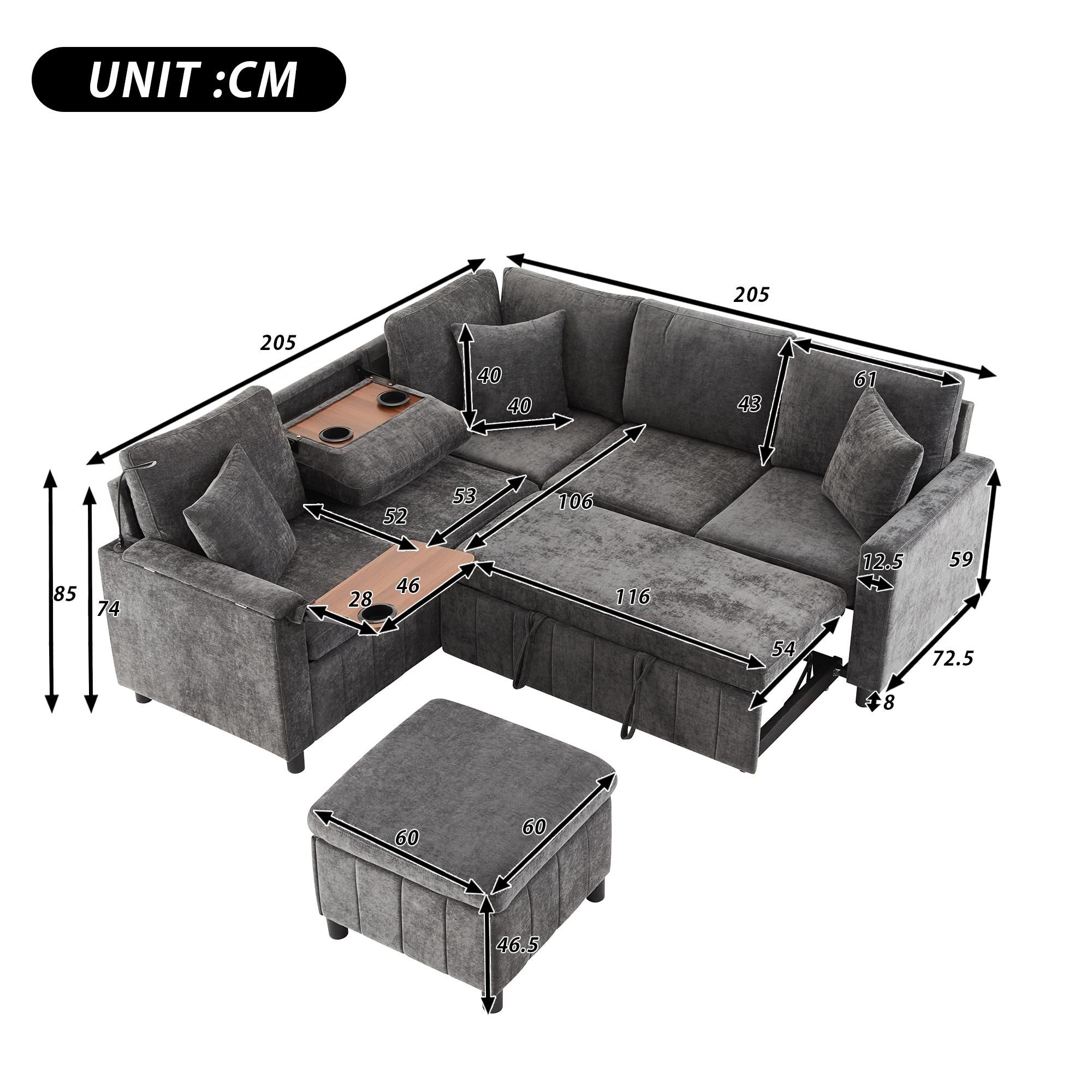 Flieks Ecksofa mit Leselicht und USB-Anschlüssen, Ausziehsofa mit verstecktem Tisch, Getränkehaltern und Hocker, 205×205×85CM, Grau, Chenille