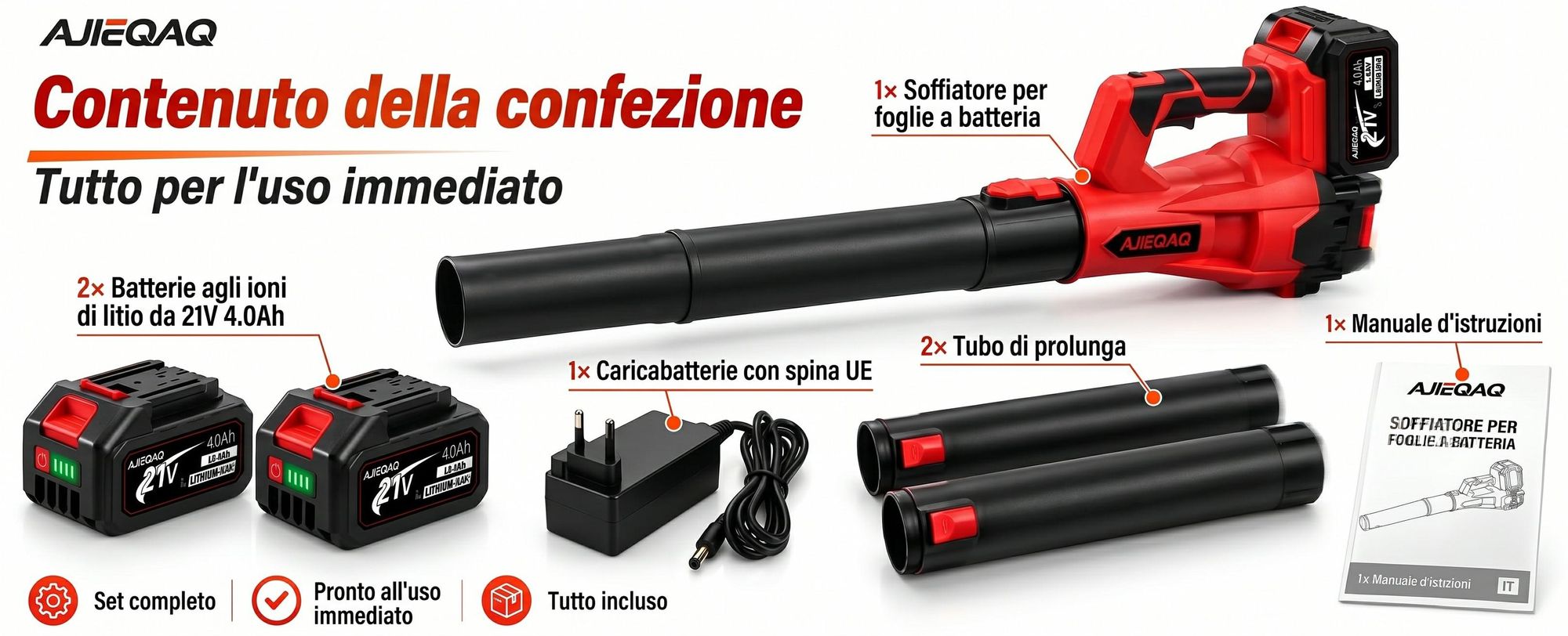 Soffiatore a Batteria 21V Brushless, 2×4,0Ah Batterie, 320 km/h, 6 Velocità con Turbo, 1000W, Soffiatore Senza Fili con 2 Tubi