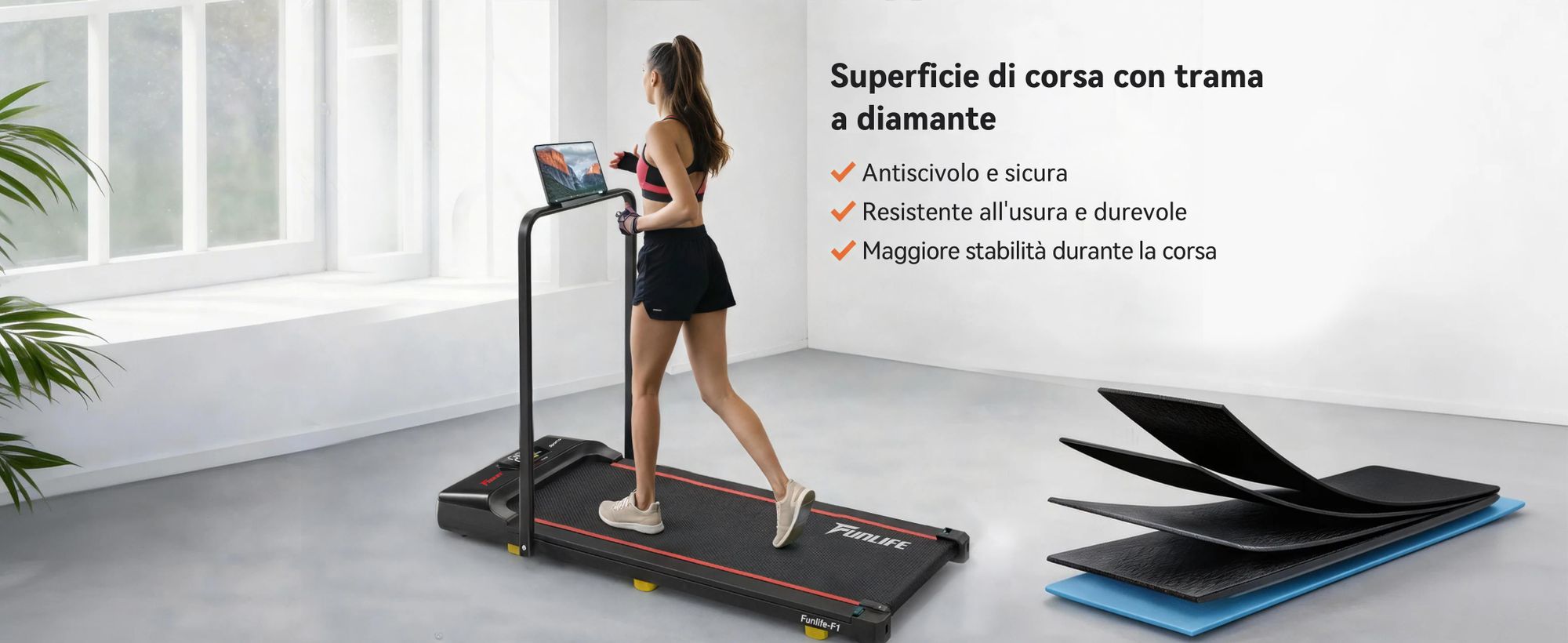 FunLife F1 Walking Pad pieghevole – tapis roulant compatto 3-in-1 da utilizzare sotto la scrivania, con maniglia di supporto, velocità da 1 a 8 km/h, ideale per la casa, l'ufficio e lo smart working