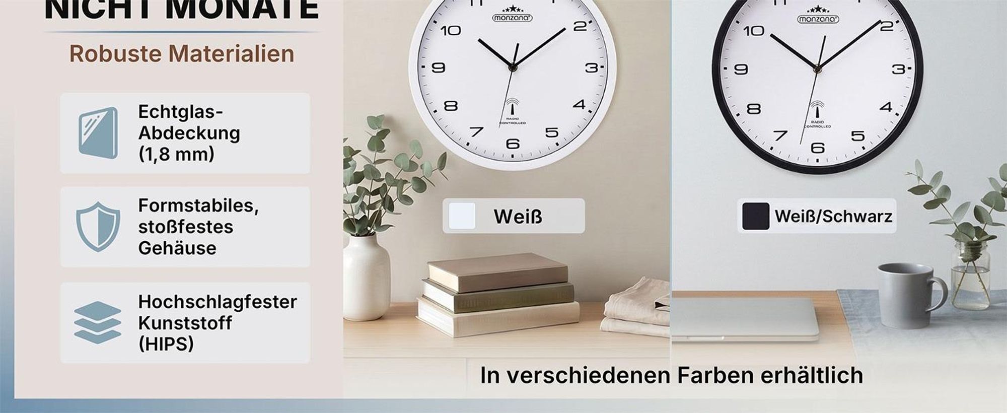 MONZANA Funkwanduhr Geräuscharm Schwarz Weiß 31cm Groß