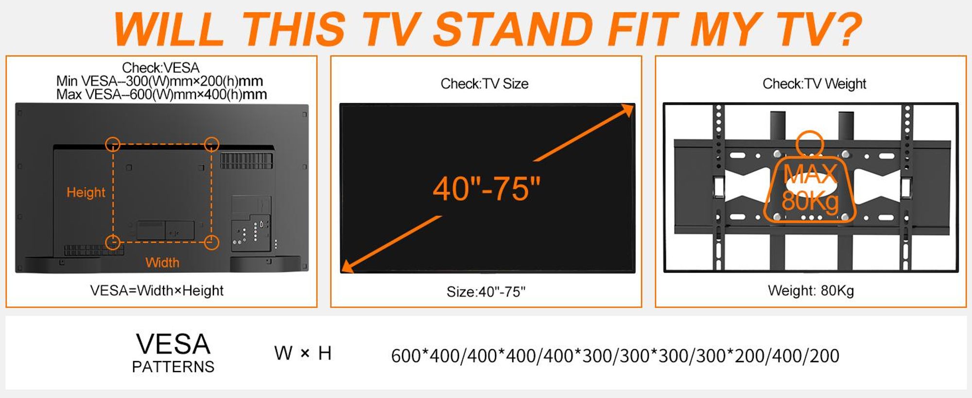 WISFOR TV Standfuß TV Ständer, neigbar rollbar Höhenverstellbar, mit 2 Ablagen für 40-75 Zoll max. VESA 600 x 400 mm, bis Max 80kg