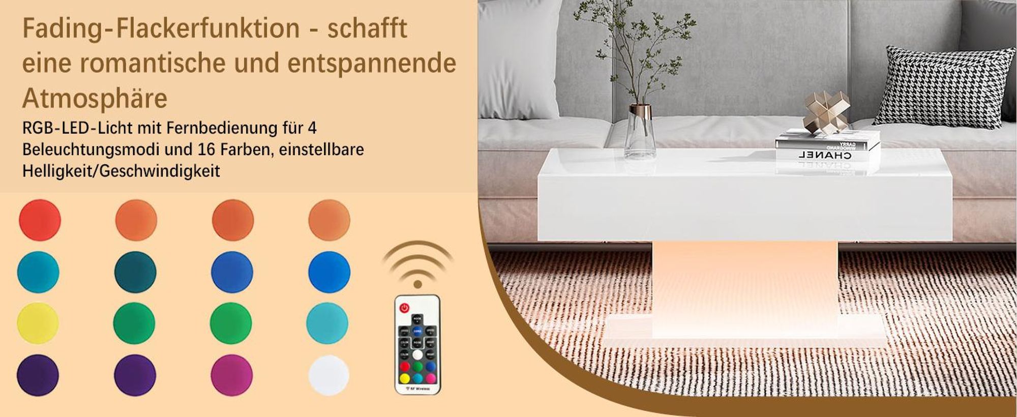 Radelldar Modern Couchtisch Wohnzimmertisch Hochglanz mit Beleuchtung, USB, 110x55x50cm, Weiß