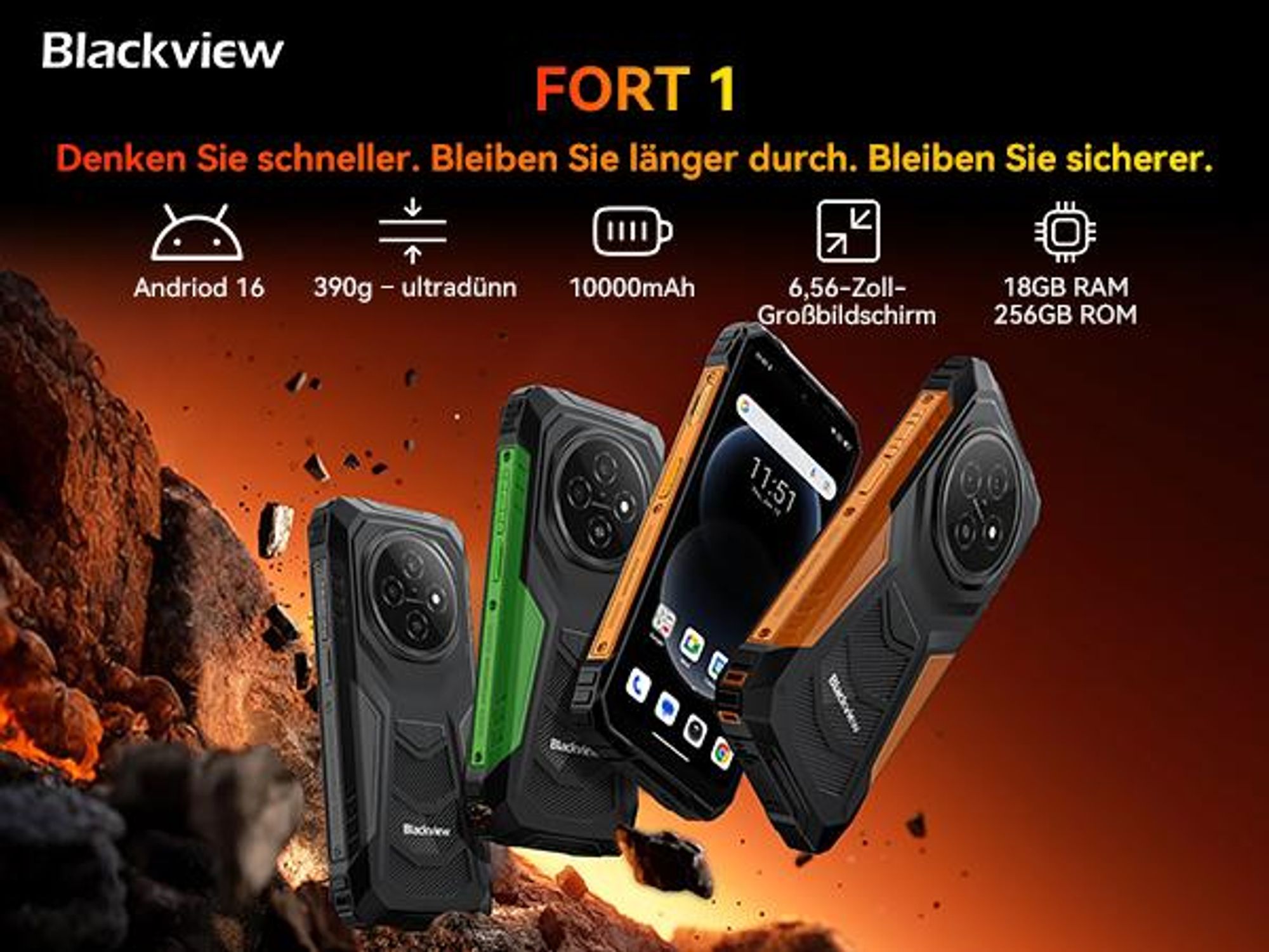 2026 Blackview FORT1 Outdoor Handy 18GB+256GB, 10000mAh,6.56",90Hz, Android 15,NFC/FOTA/390g/DREI Kartenfächer/Fingerabdruck//IP69K Wasserdicht