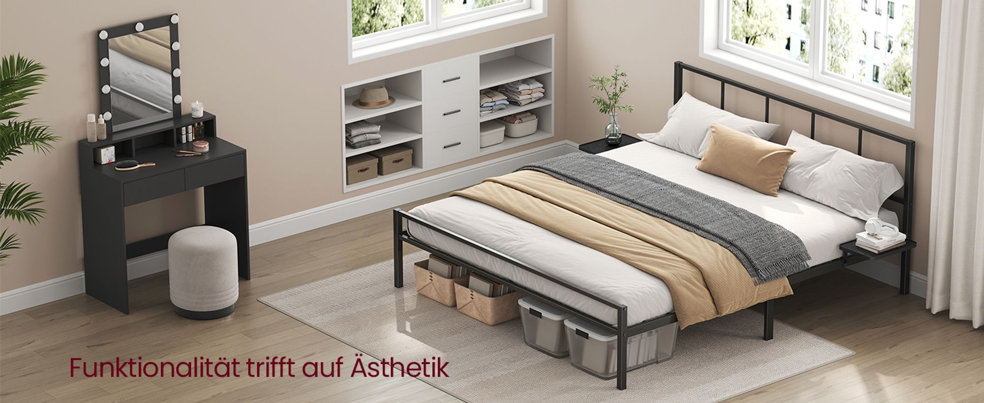 VASAGLE Doppelbettgestell, 160 x 200 cm, Metallbett, mit Kopfteil, mit Ablagen, Bettrahmen