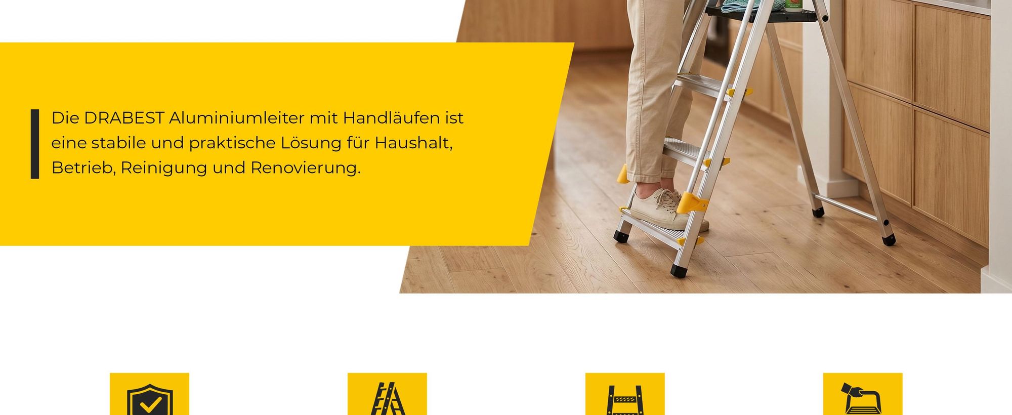 Drabest | Leiter - 4 Stufen, Tragfähigkeit 150kg - Leiter mit Handläufen, Alu Leiter, Anti-Rutsch-Füße, Trittleiter, Klappleiter