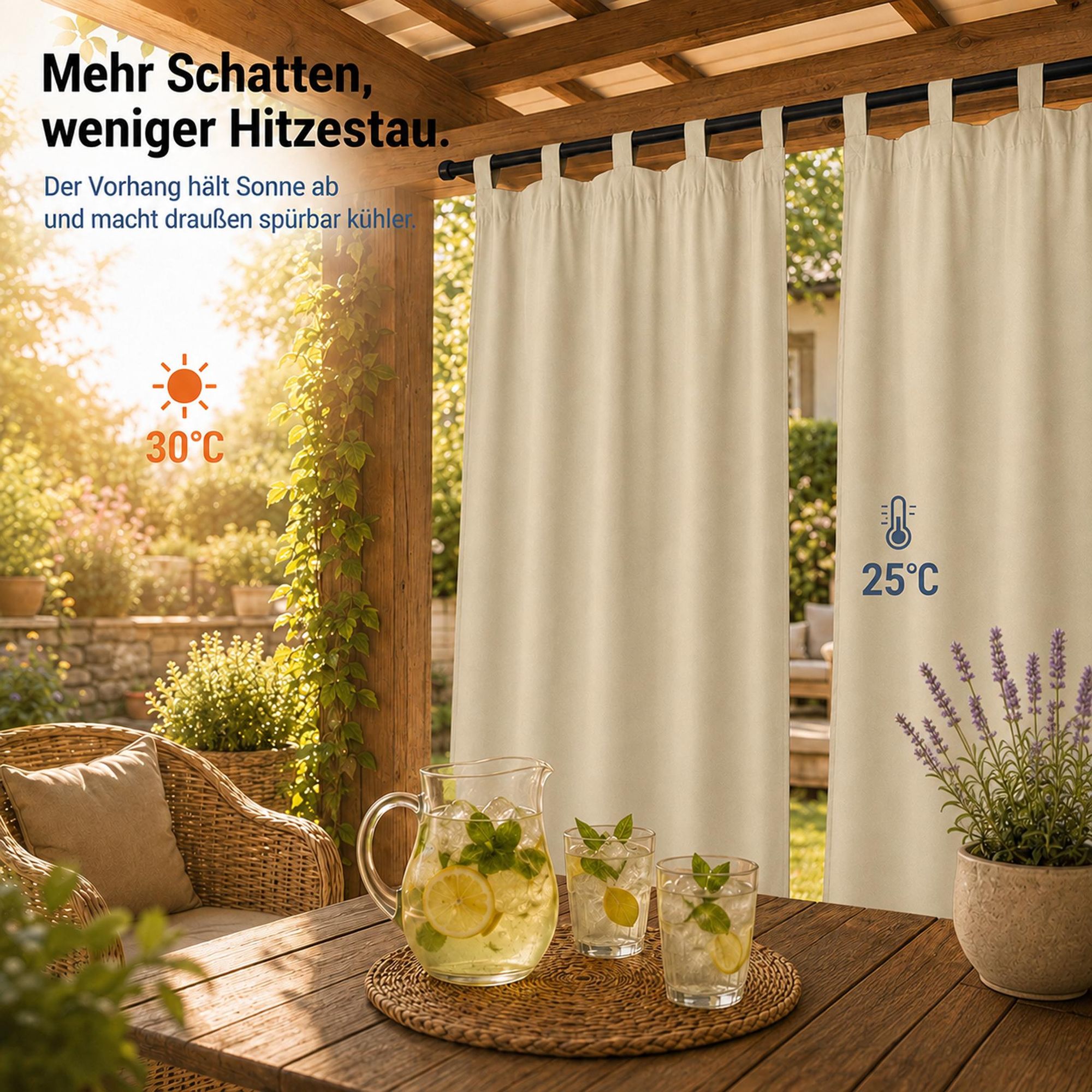 2Stk Outdoor Vorhang Wasserdicht mit Klettverschluss Schlaufen - Beige Thermovorhang Blickdicht Garten Terrasse Pergola Balkon B*H: 132x213cm