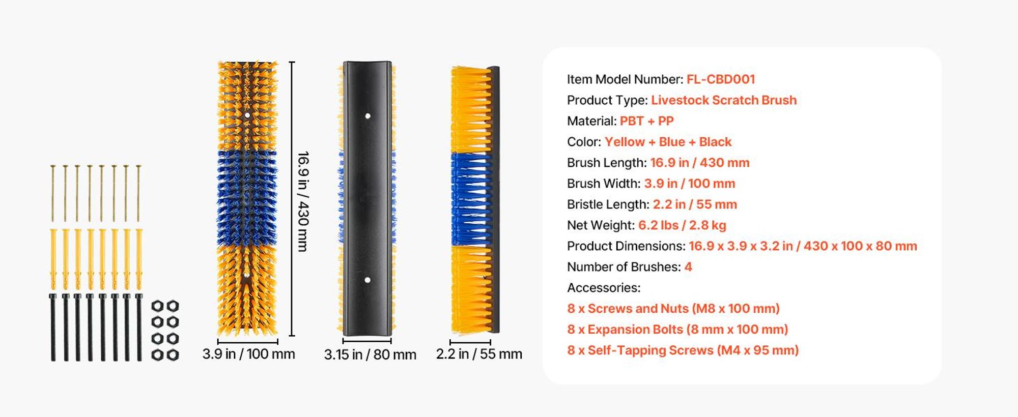 VEVOR Kratzbürste 43x10 cm, Viehbürste 4 Stk. inkl. 16 Schrauben, Rinderkratzer zur Linderung von Rückenjucken, Massage-& Pflege-Kratzwerkzeug für Pferde, Rinder, Schafe & Schweine,Gelb & Blau