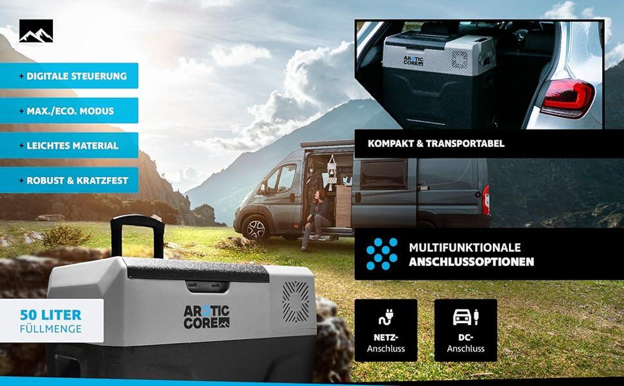 Belko® ArcticCore Kompressor Kühlbox 50L – elektrische Kühl- & Gefrierbox – 12/24V & 100–240V – große tragbare Camping Kühltruhe – grau