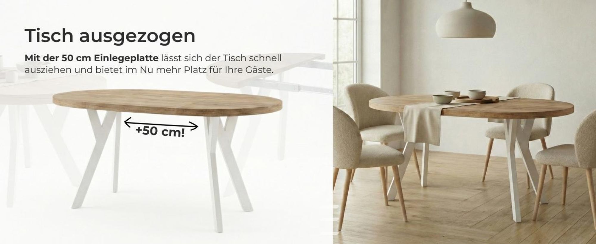 Runder Ausziehbarer Tisch für Esszimmer, PERO, Loft-Stil, Skandinavische, Durchmesser: 100 / 150 cm, Farbe: Eiche Lefkas / Weiß