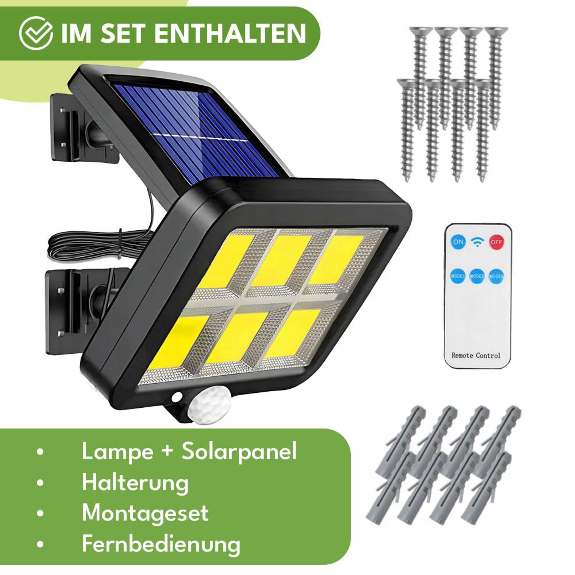 KRUMAD Solarleuchte Außen 120 COB 400 lm mit Bewegungsmelder & Dämmerungssensor, 3 Modi, IP65, Fernbedienung, Solarpanel mit 5 m Kabel
