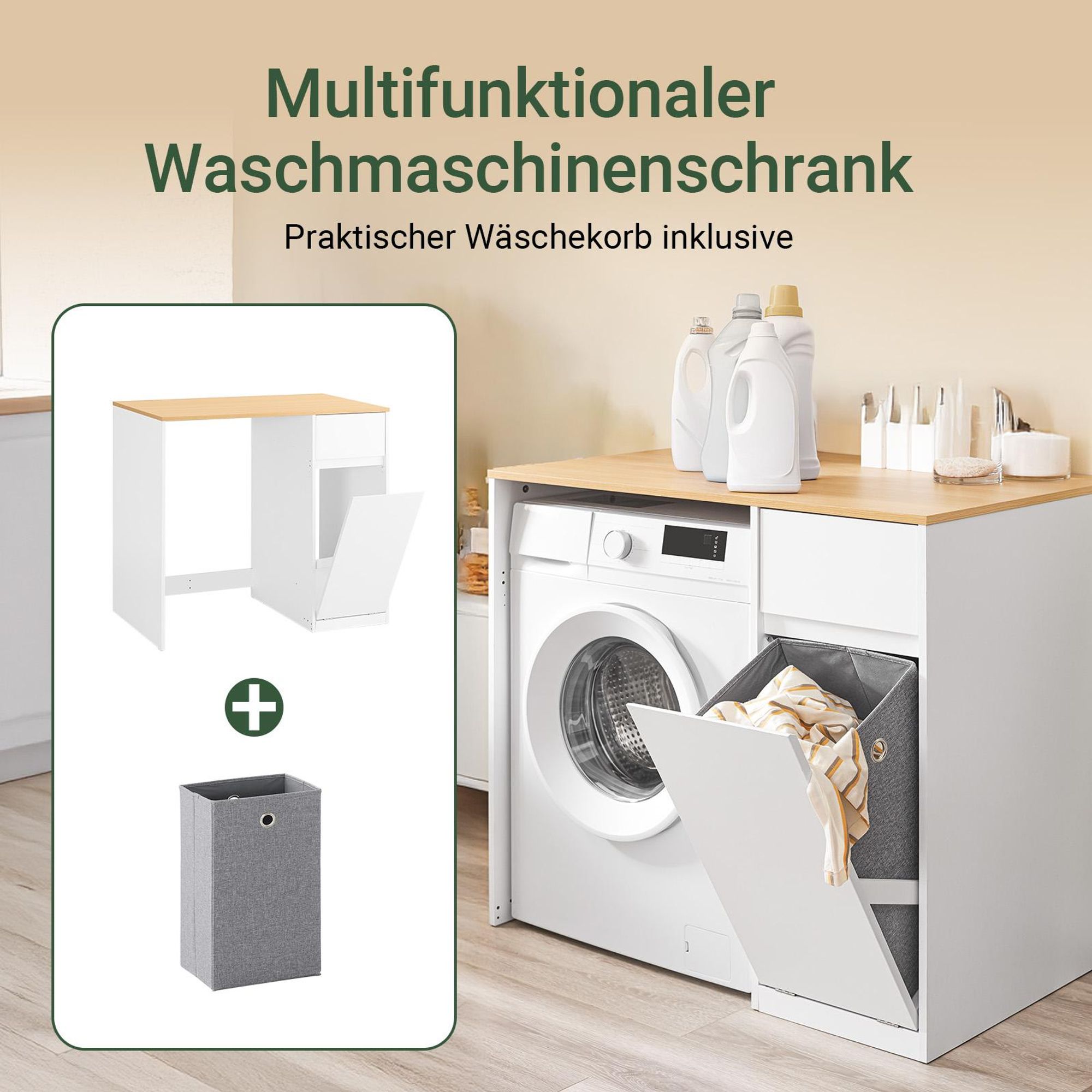 SoBuy Waschmaschinenschrank mit Wäschekorb und Schublade, 100x60x90 cm | Schrank für Waschmaschine & Trockner mit Stauraum, Weiß-Natur BZR217-WN