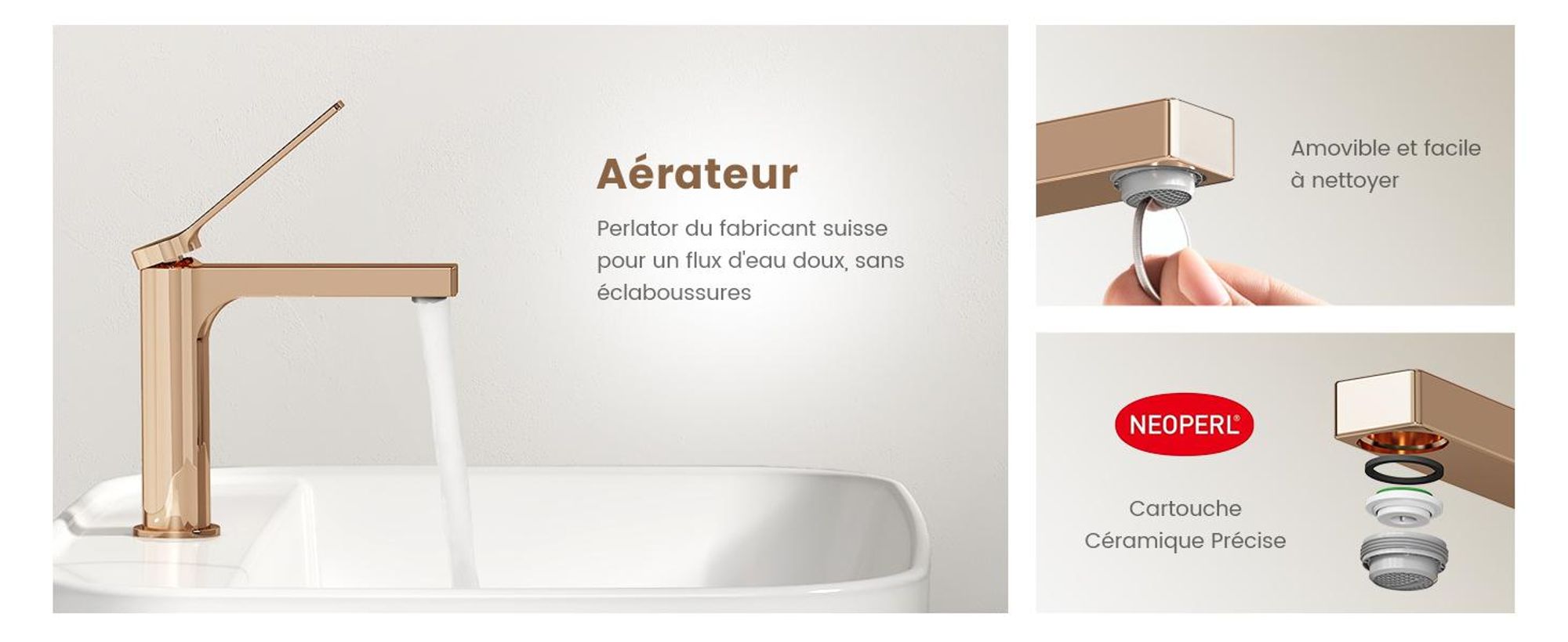 EMKE Robinet de salle de bain or rose 195x173x46mm, laiton, cartouche céramique, robinet de salle de bain, mitigeur de lavabo, mitigeur de lavabo