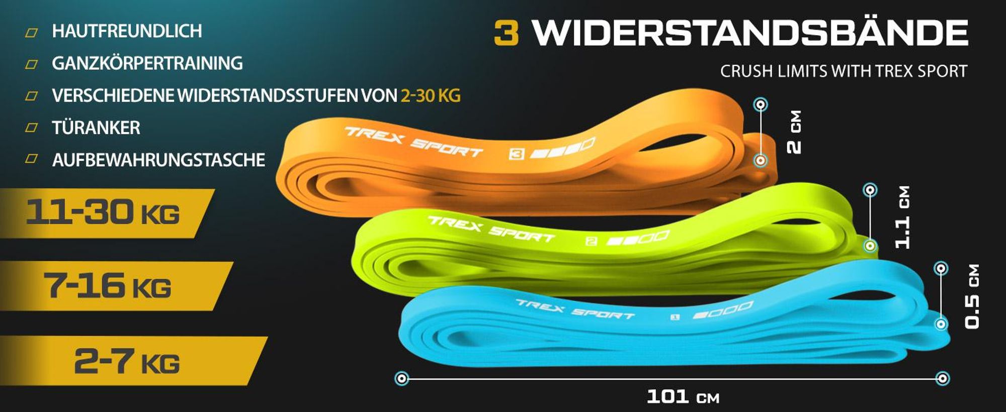 TREX SPORT Gymnastikband 3 Stück Set TX-003PBV Widerstandsband | Klimmzugband, Fitnessband 100% Latex, 2-30 kg, mit Türanker | Resistance Band Neon