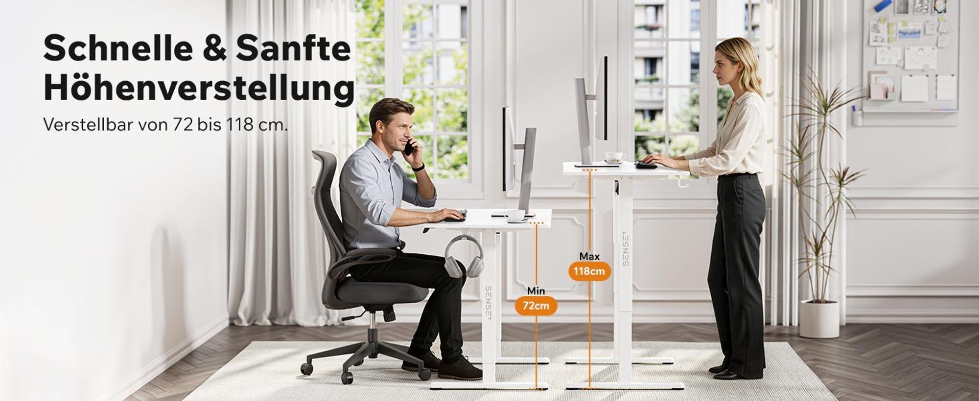 SENSE7 NOJO Light Elektrisch Höhenverstellbares Schreibtischgestell | 72-118cm, Memory-Funktion, Kopfhörerhalter, Max. 70kg, Stahl-Tischgestell