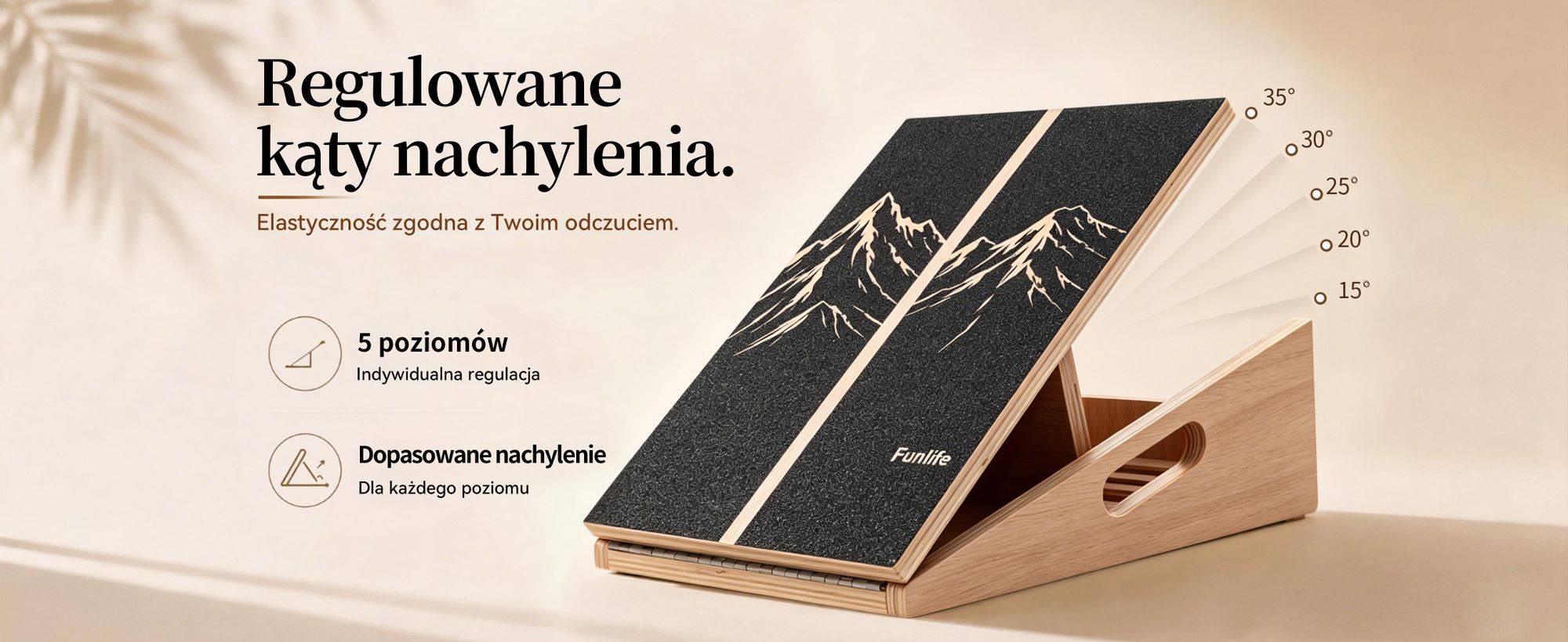 Deska do rozciągania FunLife, seria Alpine, drewniana, z regulacją nachylenia (5 stopni) od 15° do 35°, antypoślizgowa, idealna do ćwiczeń łydek, ścięgien Achillesa, jogi i fitnessu
