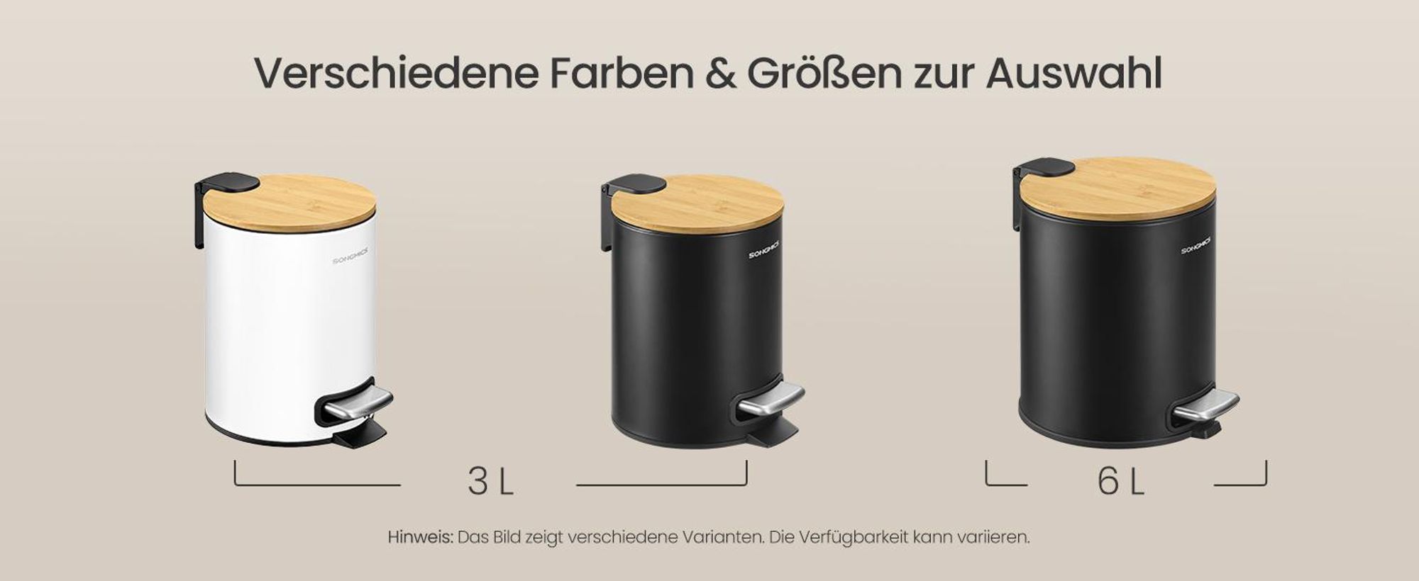SONGMICS Mülleimer Bad 3 Liter, Kosmetikeimer mit Bambusdeckel aus Bambus, Tretmülleimer für Badezimmer, weiß
