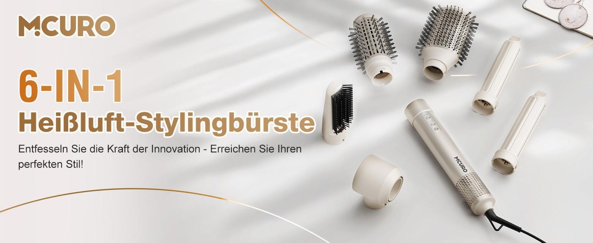 MCURO 6-in-1 Hairstyler mit Lockenstab, Warmluftbürste, Haarglätter & Föhn, 6 Aufsätze inkl. Aufbewahrungstasche für Glätten, Volumen & Locken, Gold