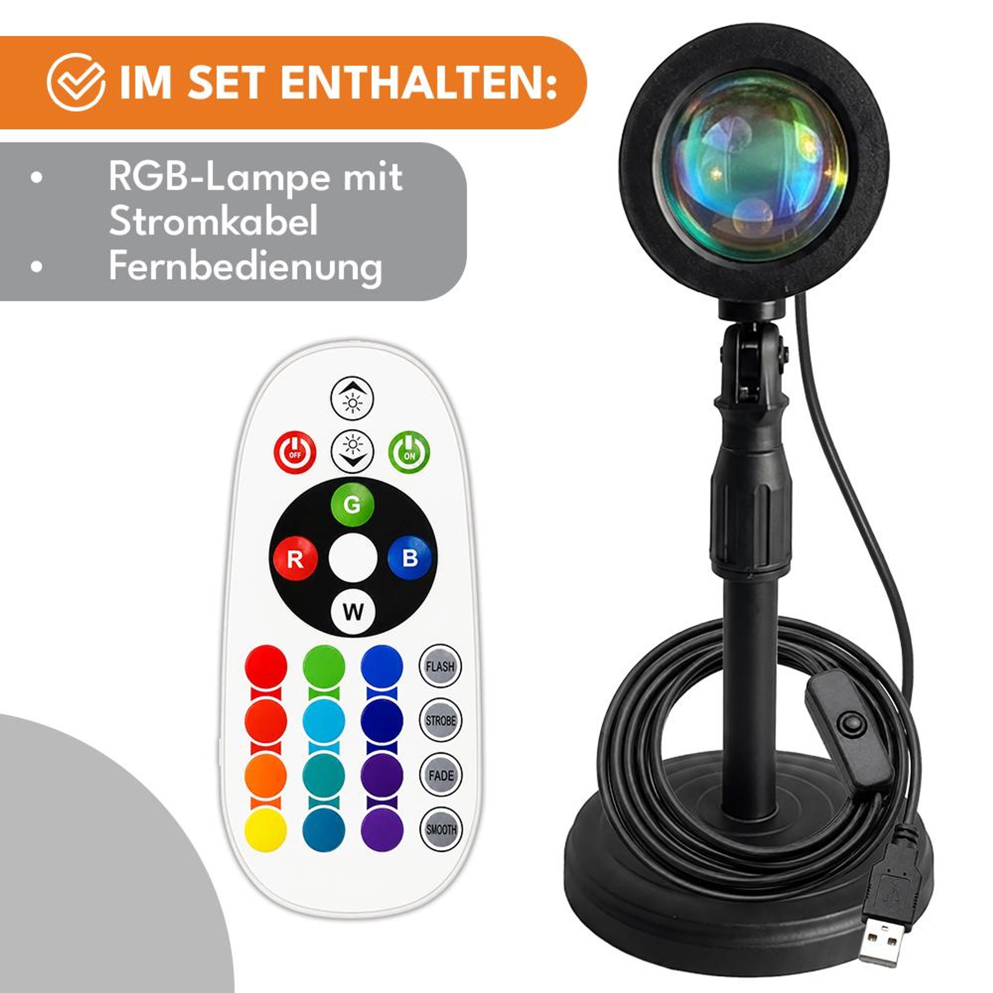 KRUMAD Sunset Lampe RGB mit Fernbedienung, Sonnenuntergang Projektor LED, USB Nachtlicht mit 16 Farben, 180° Drehbar, Schwarz