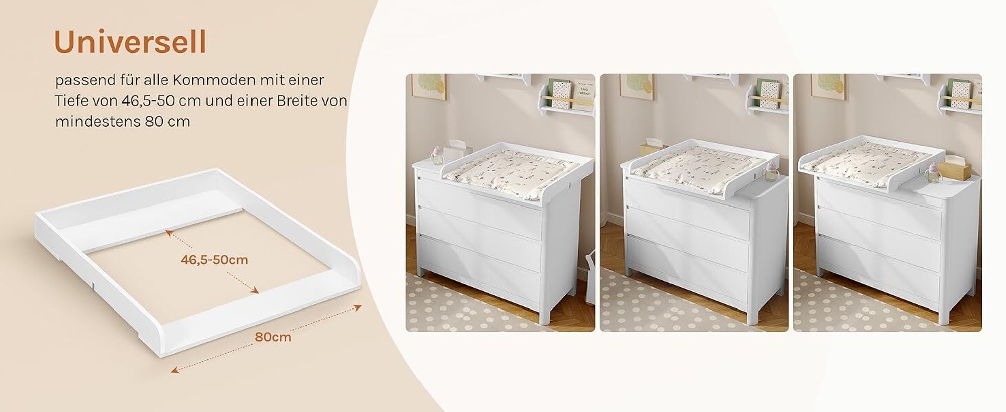 WOLTU Wickelaufsatz, Wickeltischaufsatz 80x10,5x78.5 cm,  46,5-50 cm tief, MDF, Weiß