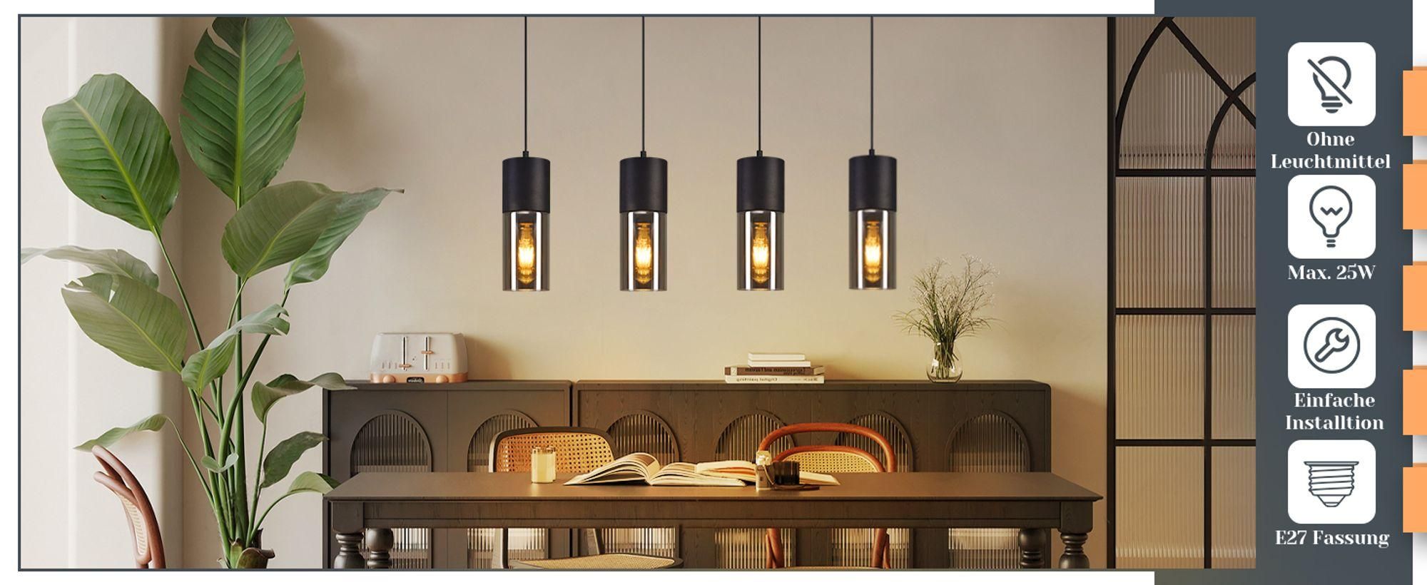 ZMH Hanglamp, eettafel, hanglamp, E27, pendellamp, 4 lichtpunten, verstelbare LED, modern, lampenkap van glas, zwart, kroonluchter voor keuken, woonkamer, slaapkamer