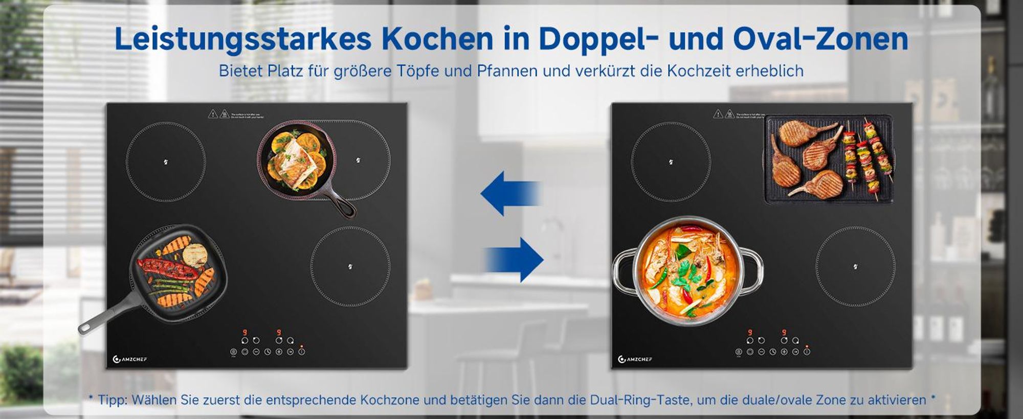 AMZCHEF Glaskeramikkochfeld 60 cm, 4 Zonen, 7200 W, 9 Leistungsstufen, Dual- & Ovalzone, Touch-Control, Timer, Kindersicherung