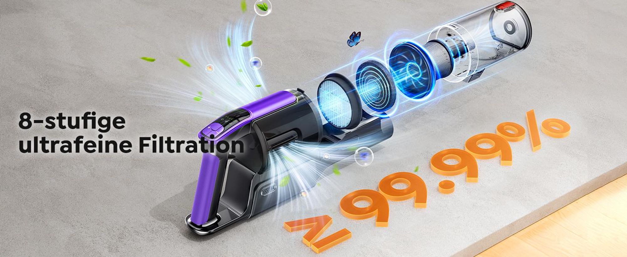 Buture VC100 Akku Staubsauger, 500W/45.000pa Staubsauger Kabellos mit Touchscreen, Bis zu 55 Min Laufzeit, Kabelloser Anti-Tangle-Staubsauger