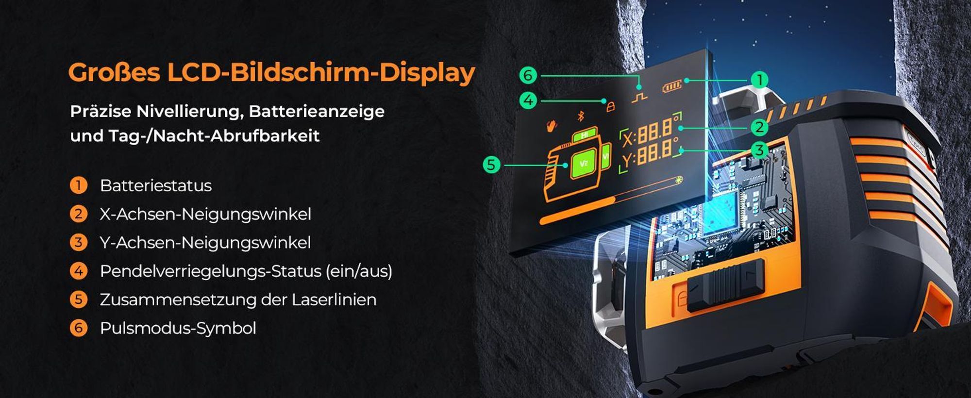 CIGMAN CM-S05 Kreuzlinienlaser 3x360 Grad, Gestensteuerung, App-Anbindung, LCD-Display