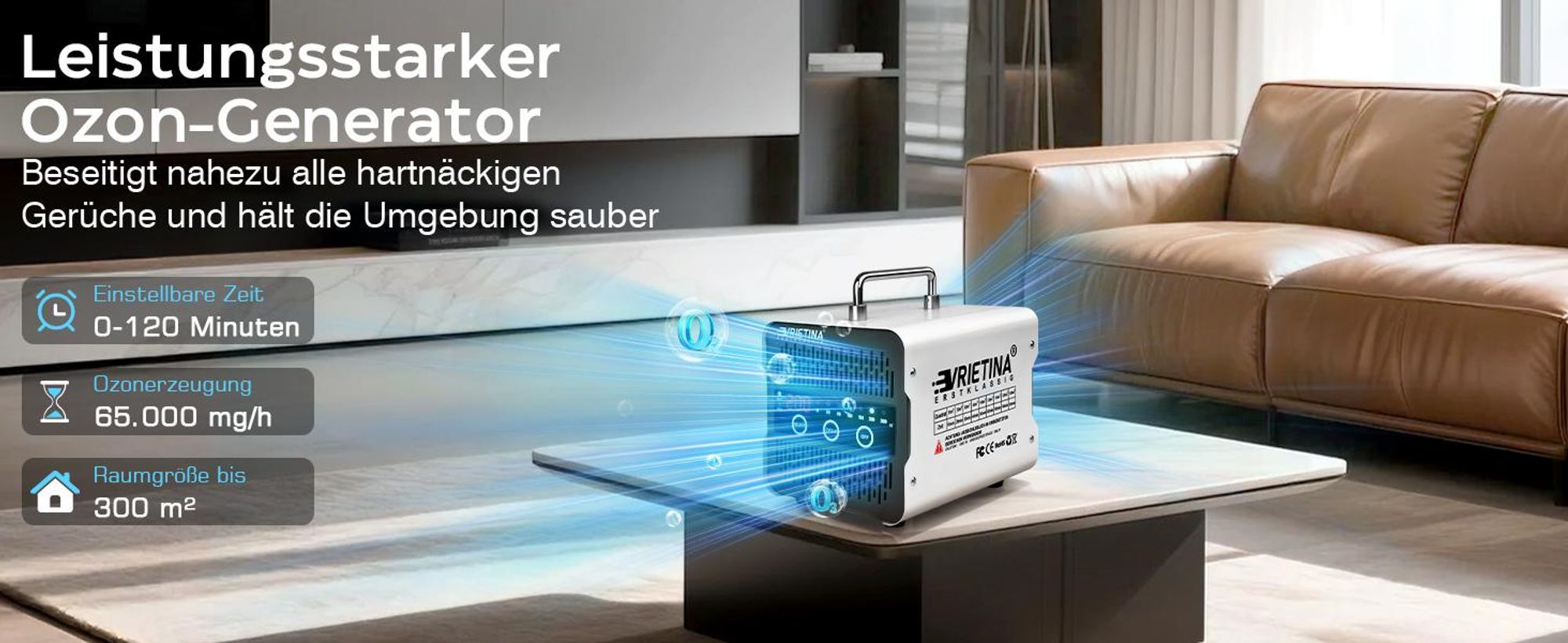 65.000 mg/h Ozongenerator, O3 Luftreiniger bis 300 m², Touchscreen, Timer, Ozongerät Sterilisator, Abnehmbar Filter, Geruchsbeseitigung Desinfektio