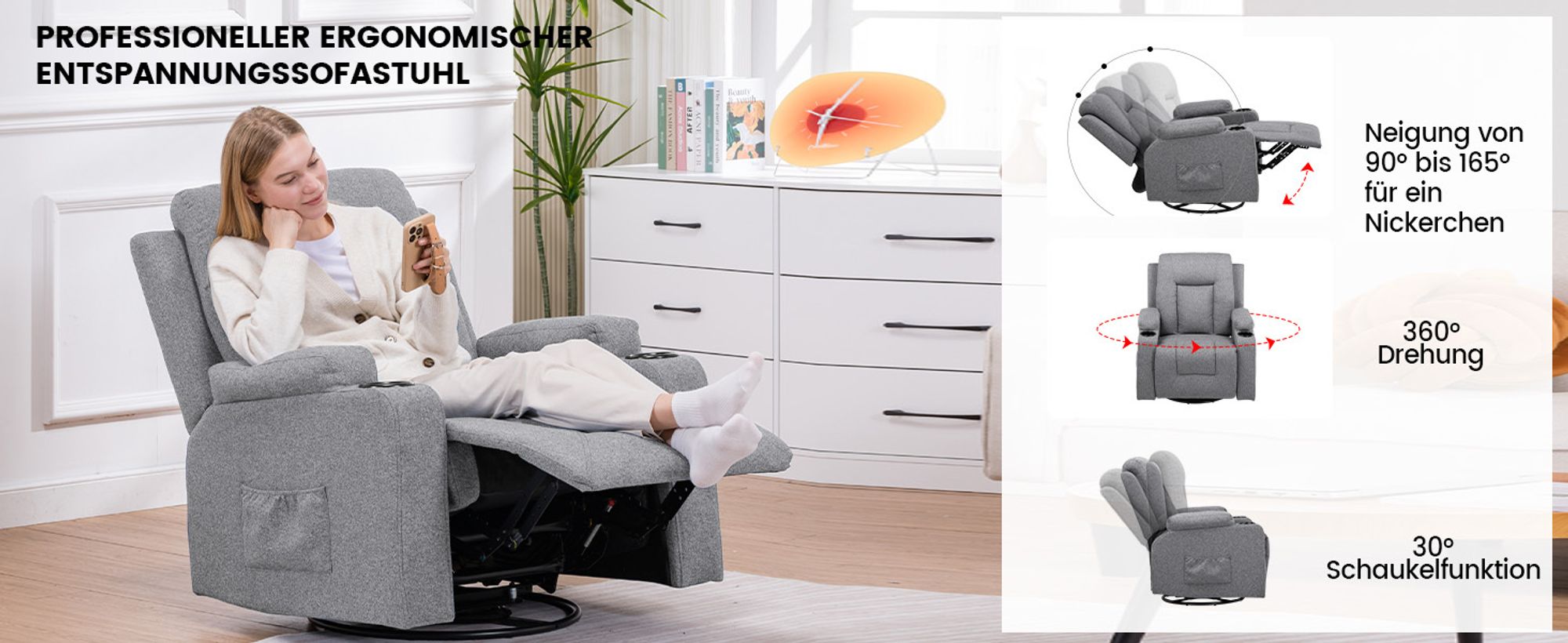 COMHOMA Relaxsessel TV-Sessel aus Stoff mit Liegefunktion Fernsehsessel Verstellbar, Recliner Chair, dunkelgrau-Stoff