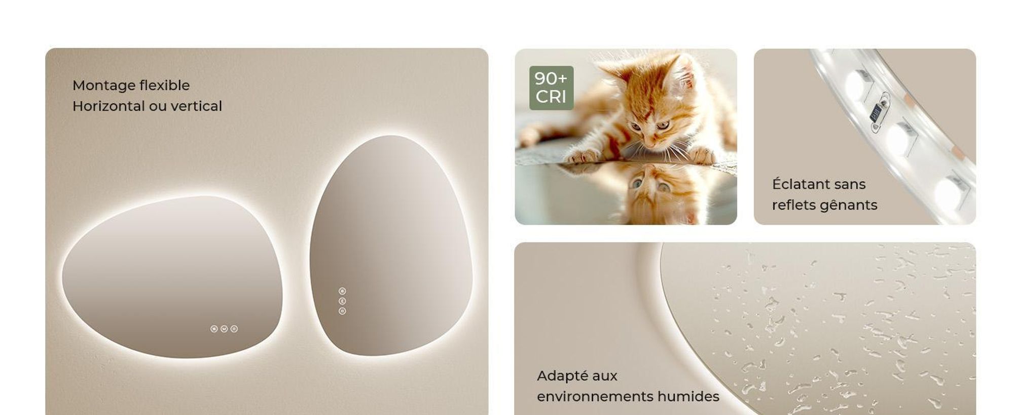 S'AFIELINA Miroir de salle de bain, Interrupteur LED tactile, Asymétrique, 3 couleurs de lumière réglables, anti-buée et fonction mémoire, 75×55cm