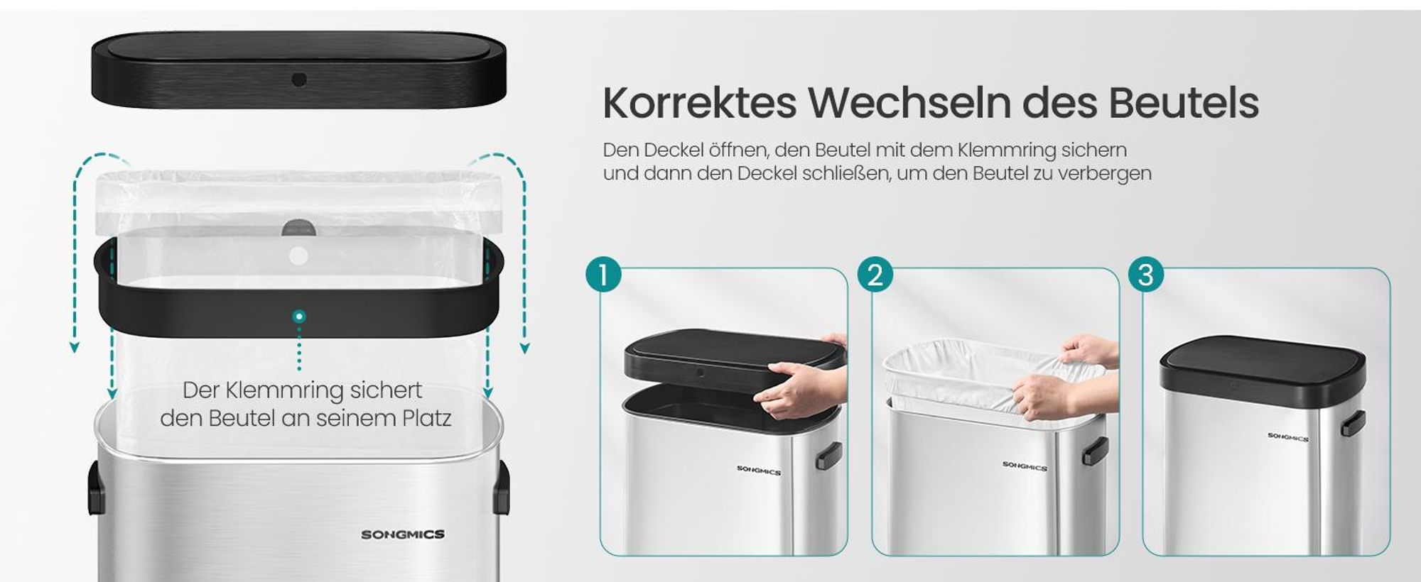 Mülleimer mit Sensor, automatischer Abfalleimer 50 L, Softclose-Deckel, Edelstahl, metallicsilber-tintenschwarz